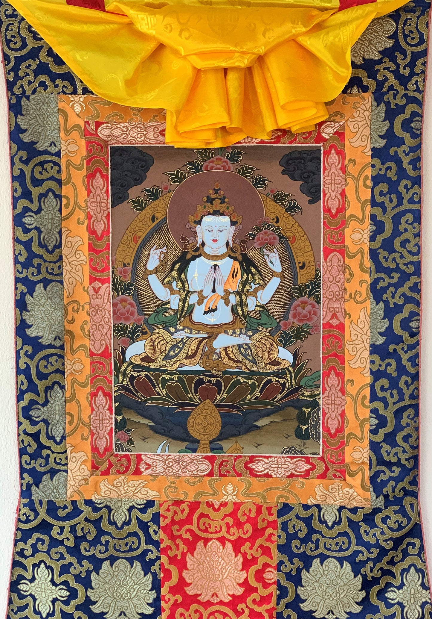 Hand-painted  4 Armed Chyangresi, Chengrezig, Avalokitesvara Tibetan Thangka Painting with Silk Brocade