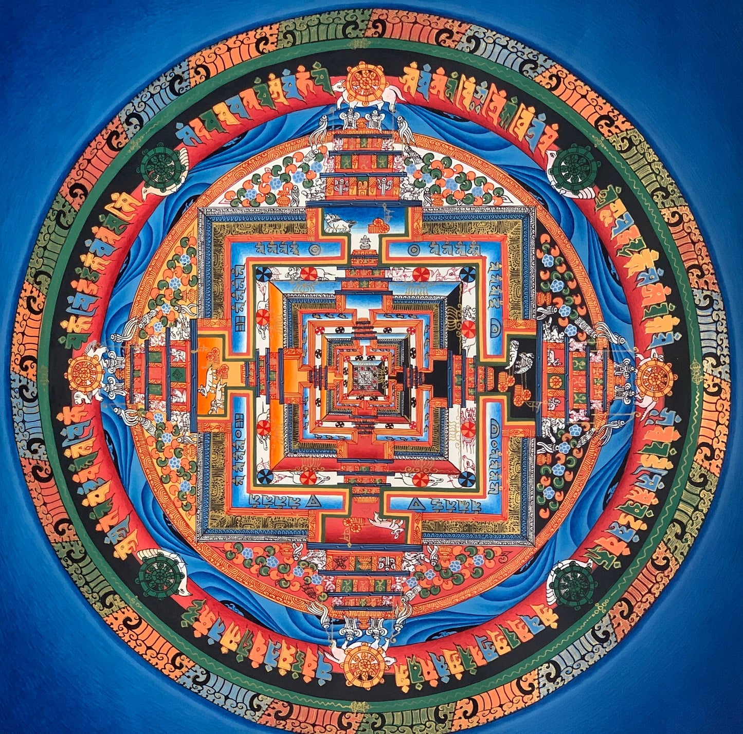 Hand-painted Kalachakra Mandala, wheel of life, Tibetan Thangka Painting,  16 x 16-Inch