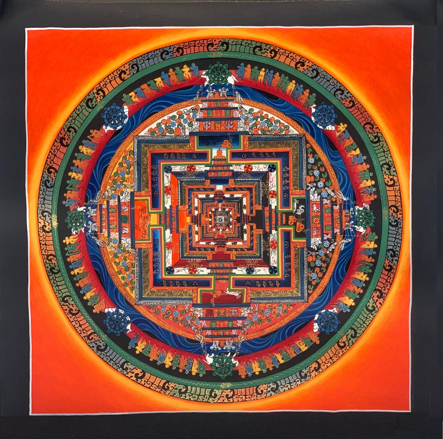 Hand-painted Kalachakra Mandala, wheel of life, Tibetan Thangka Painting,  16 x 16-Inch