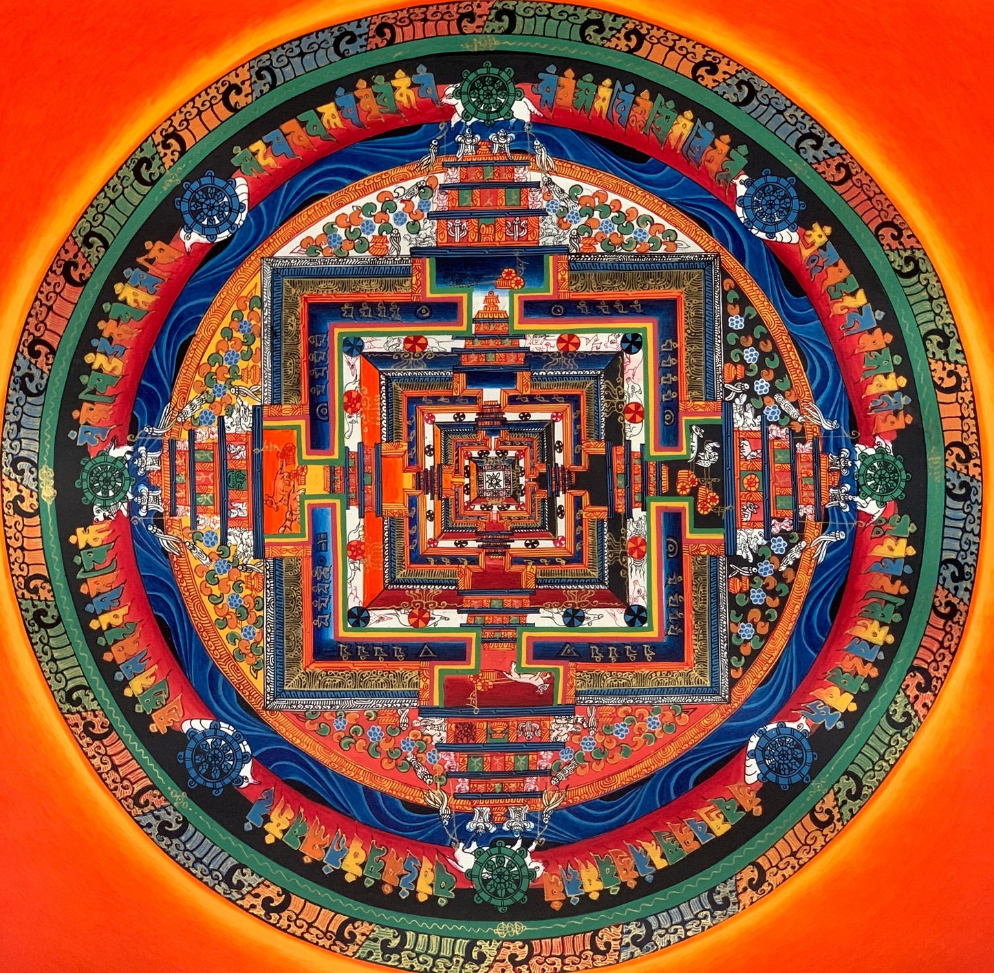 Hand-painted Kalachakra Mandala, wheel of life, Tibetan Thangka Painting,  16 x 16-Inch