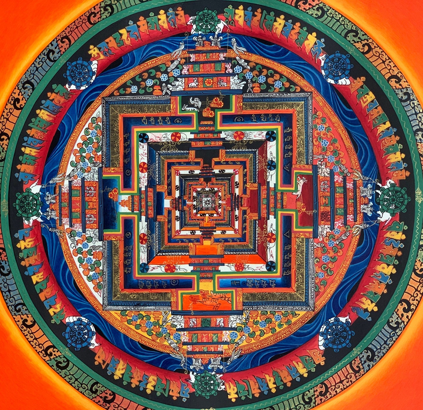 Hand-painted Kalachakra Mandala, wheel of life, Tibetan Thangka Painting,  16 x 16-Inch