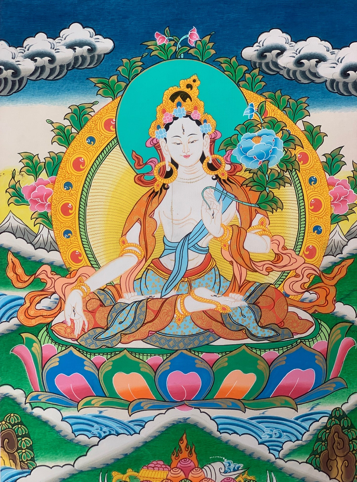 Hand-painted White Tara,  Mother Goddess, Healing and Compassion, Thangka Painting 16 x 22-Inch