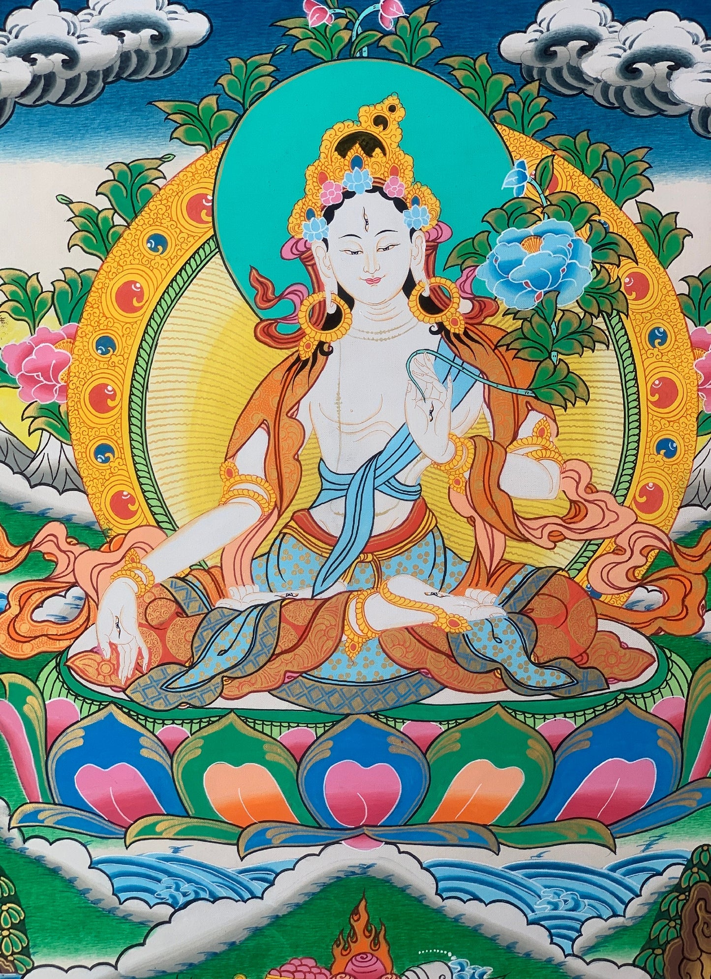 Hand-painted White Tara,  Mother Goddess, Healing and Compassion, Thangka Painting 16 x 22-Inch