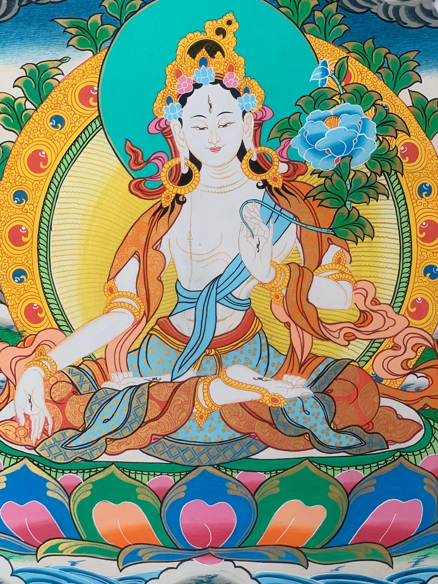 Hand-painted White Tara,  Mother Goddess, Healing and Compassion, Thangka Painting 16 x 22-Inch