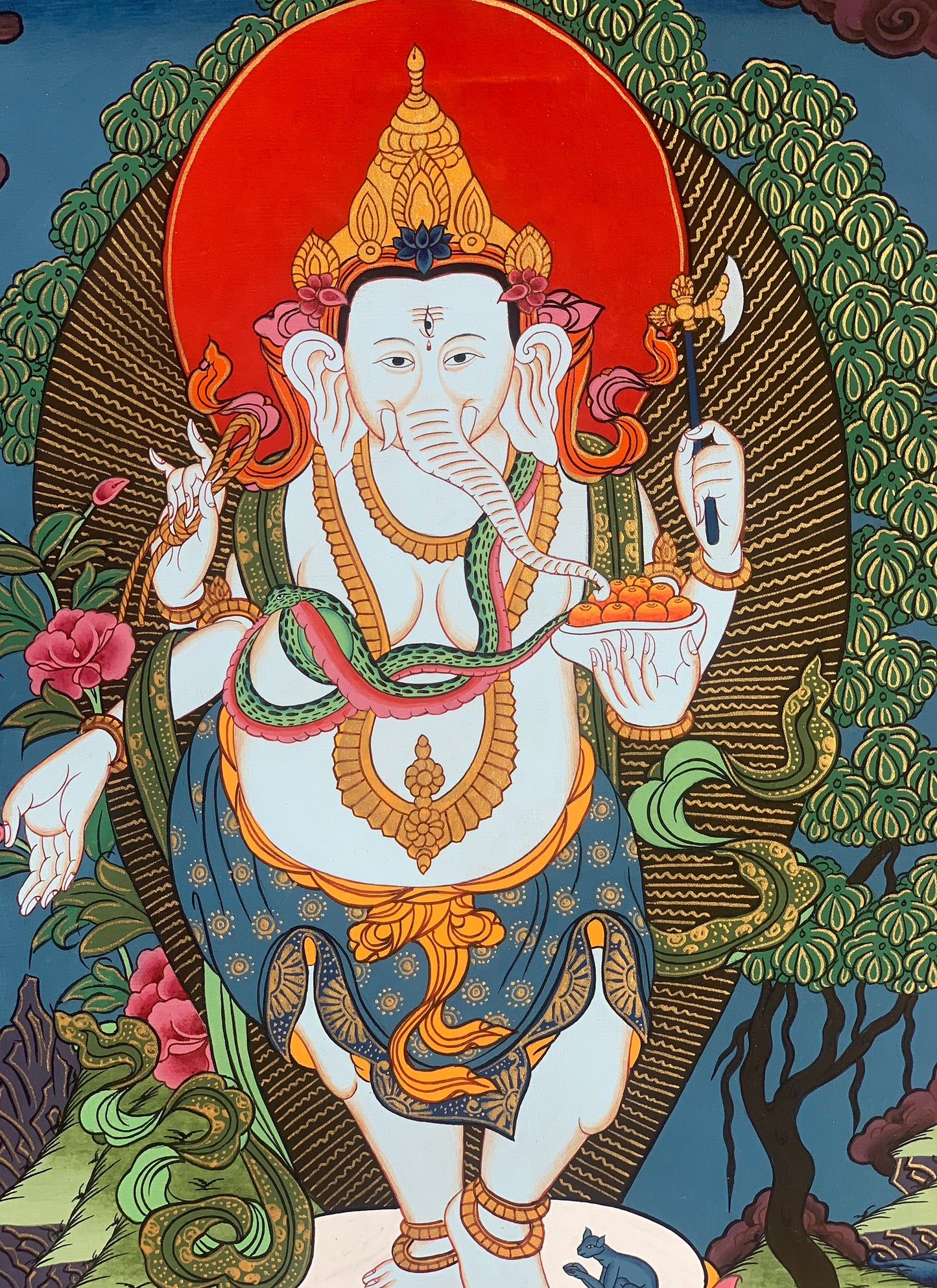 Hand-painted, 4 Armed ganesh/Ganesha/Ganapati/ Vinayaka, Original Thangka Painting with Silk Brocade