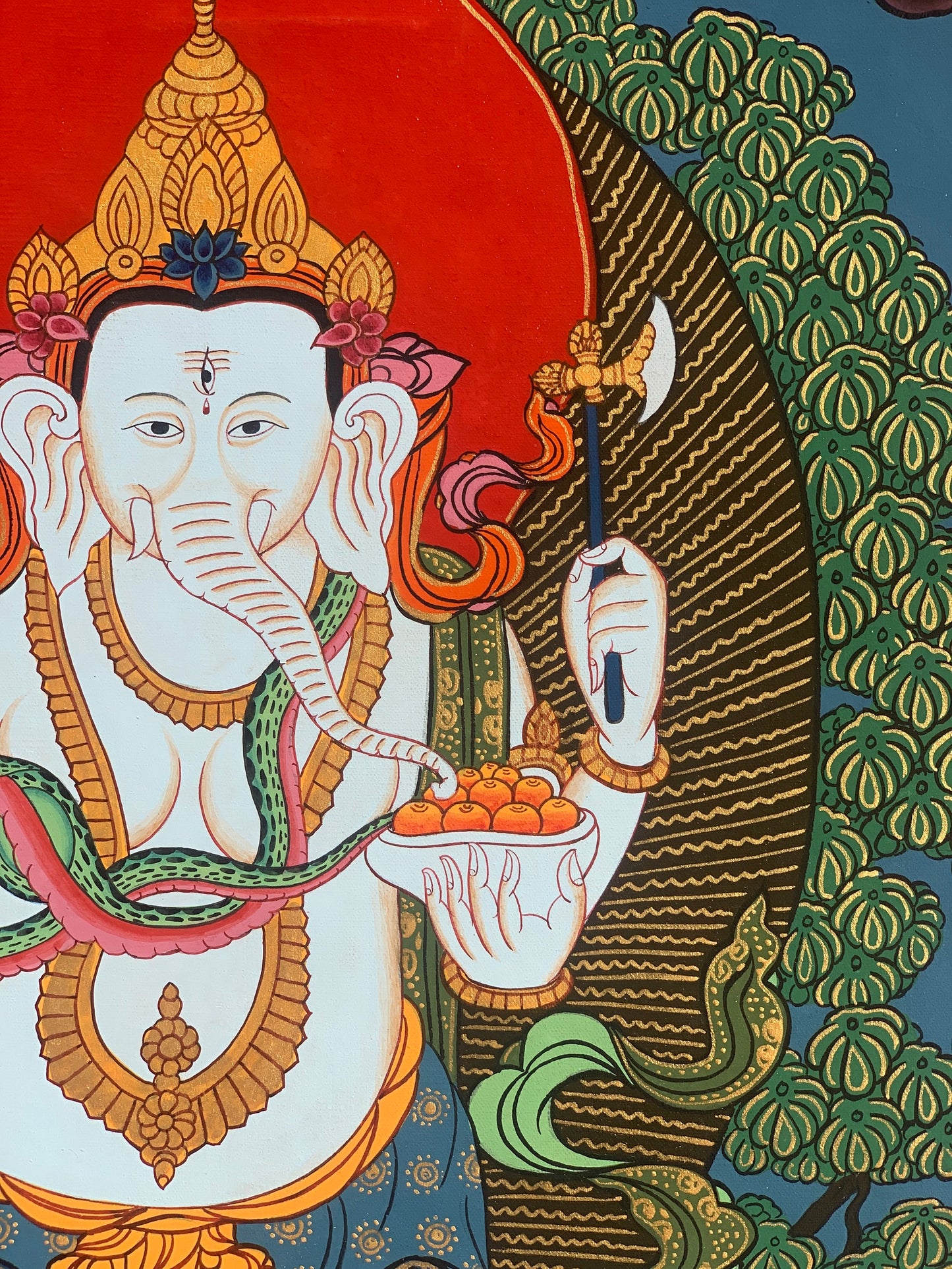 Hand-painted, 4 Armed ganesh/Ganesha/Ganapati/ Vinayaka, Original Thangka Painting with Silk Brocade