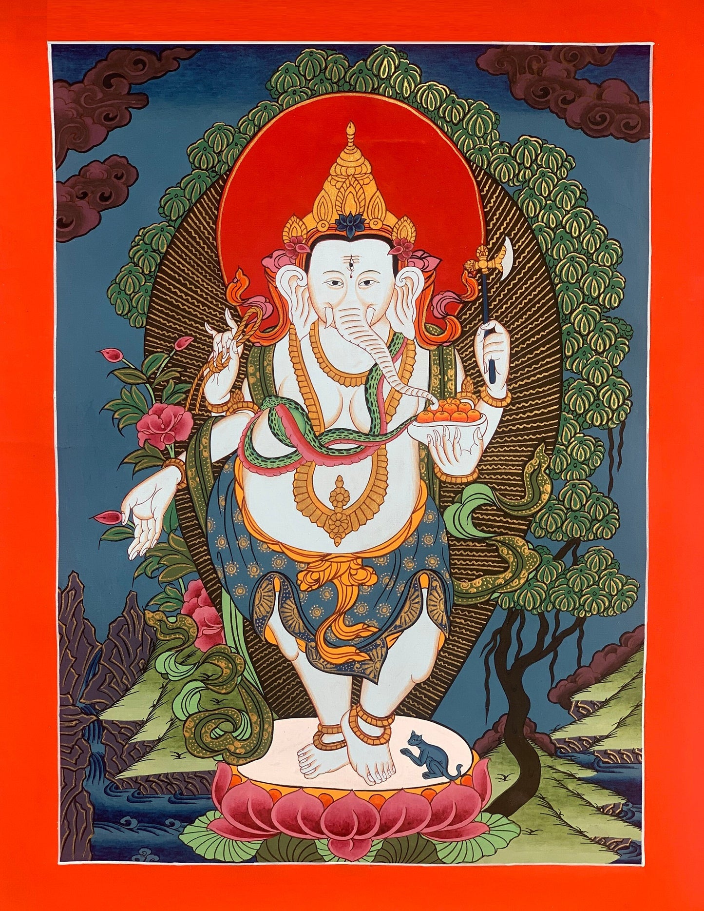 Hand-painted, 4 Armed ganesh/Ganesha/Ganapati/ Vinayaka, Original Thangka Painting with Silk Brocade