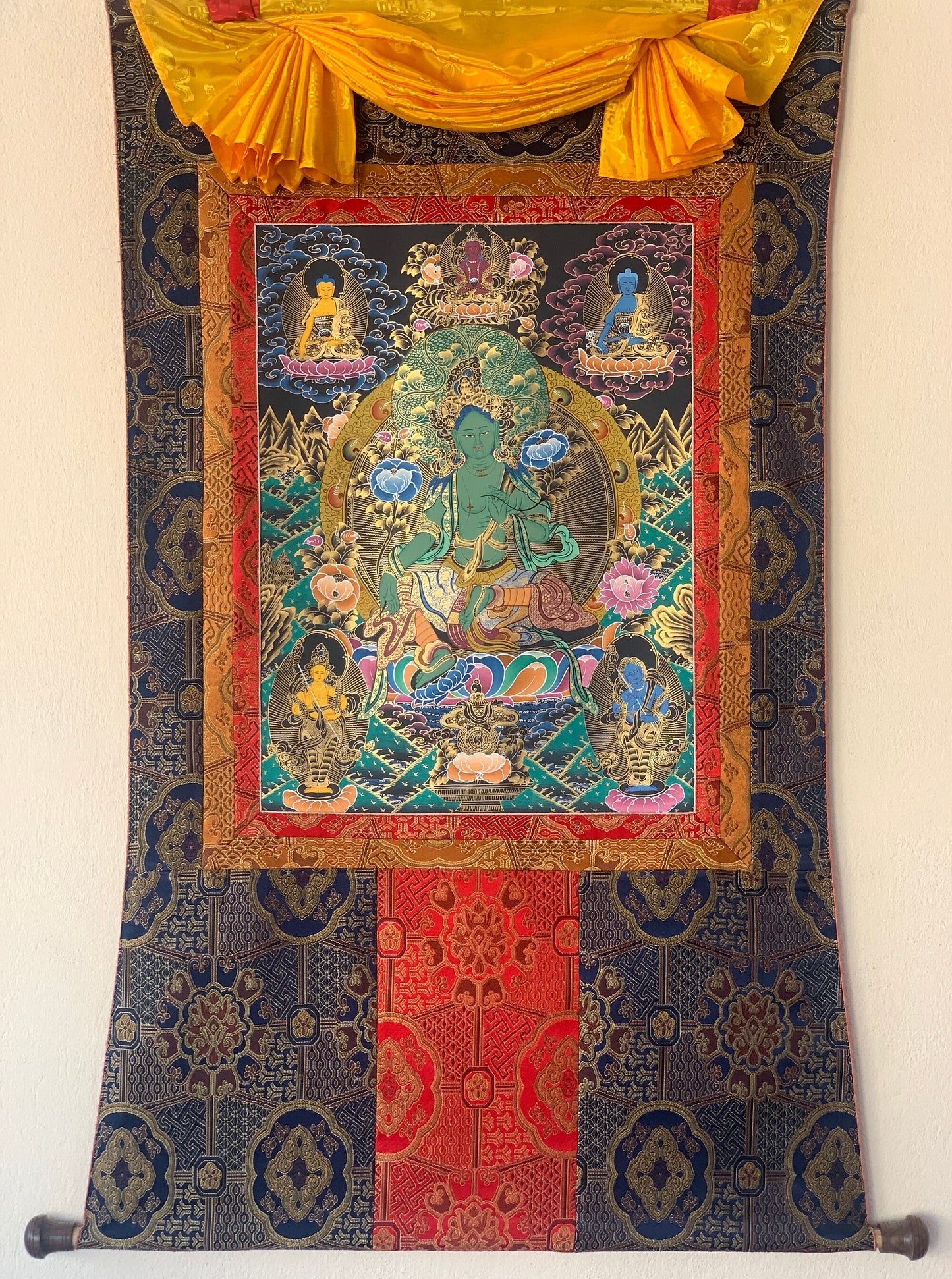 Hand-painted Green Tara, Shyamatara, fine-quality Thangka Painting with a Premium Silk Brocade