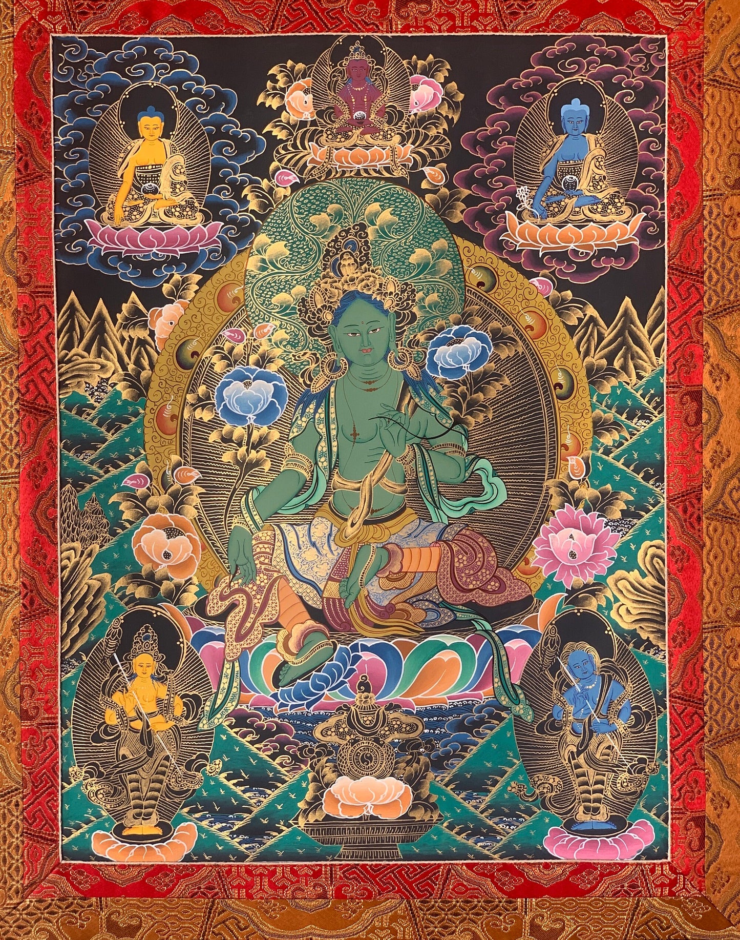 Hand-painted Green Tara, Shyamatara, fine-quality Thangka Painting with a Premium Silk Brocade