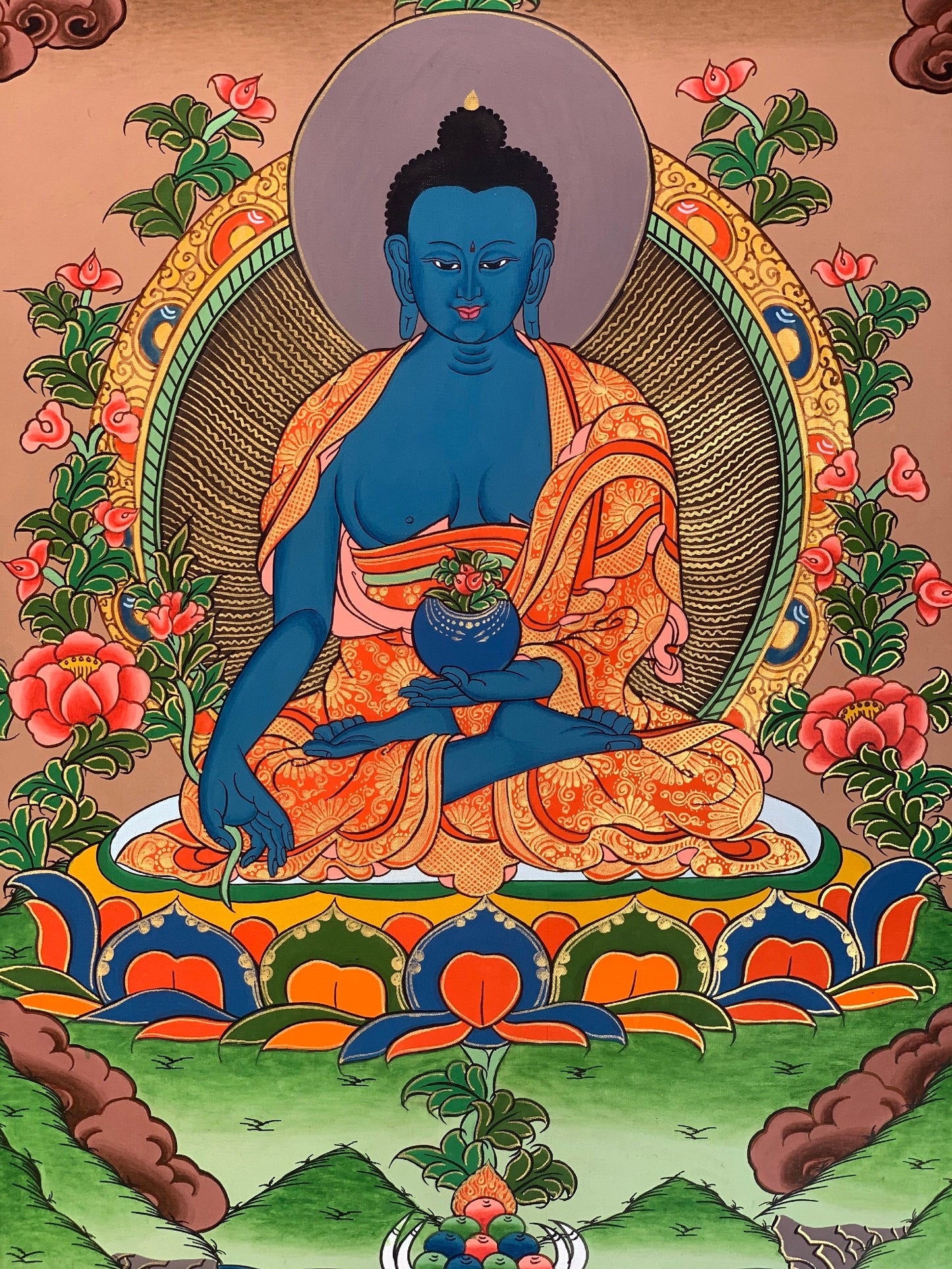 Hand-painted Medicine Buddha, Healing God, Tibetan Thangka Painting  11 x 15-Inch