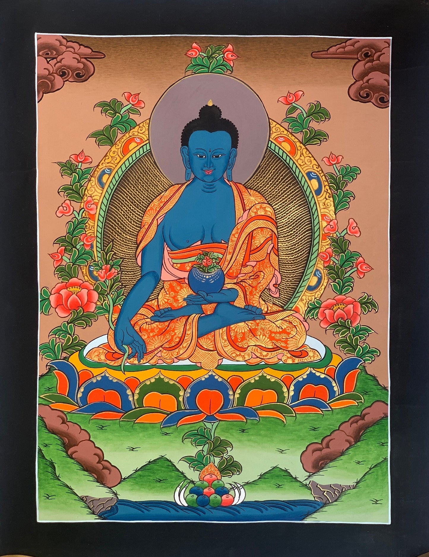 Hand-painted Medicine Buddha, Healing God, Tibetan Thangka Painting  11 x 15-Inch