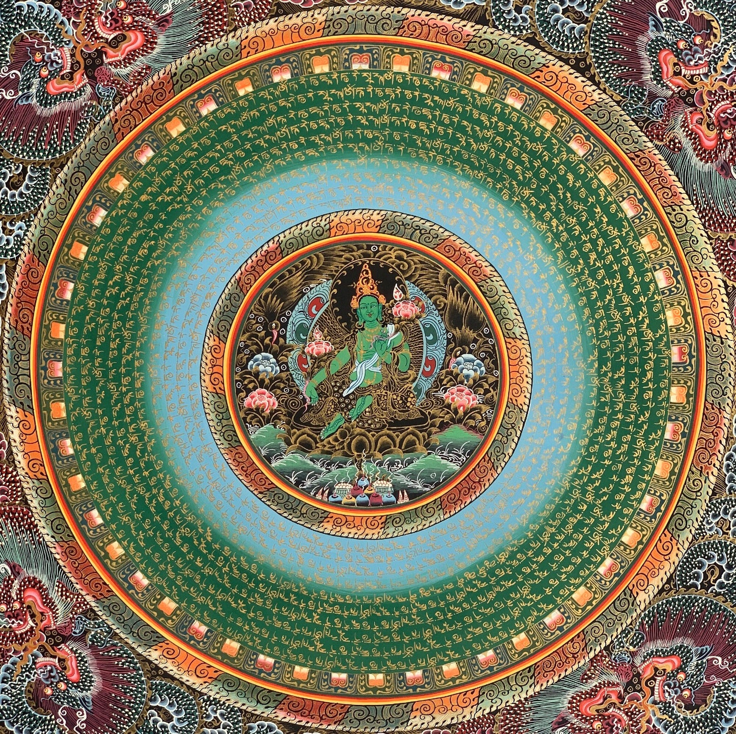 Original Hand-painted Om Mani Padme Hum God in Center Mantra Mandala Tibetan Meditation Thangka Painting