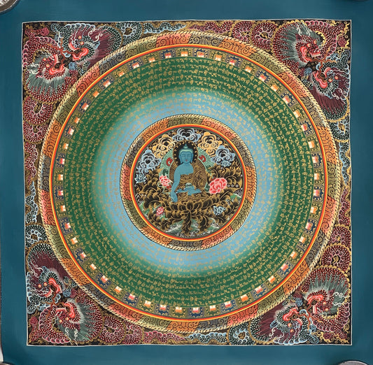 Original Hand-painted Om Mani Padme Hum God in Center Mantra Mandala Tibetan Meditation Thangka Painting