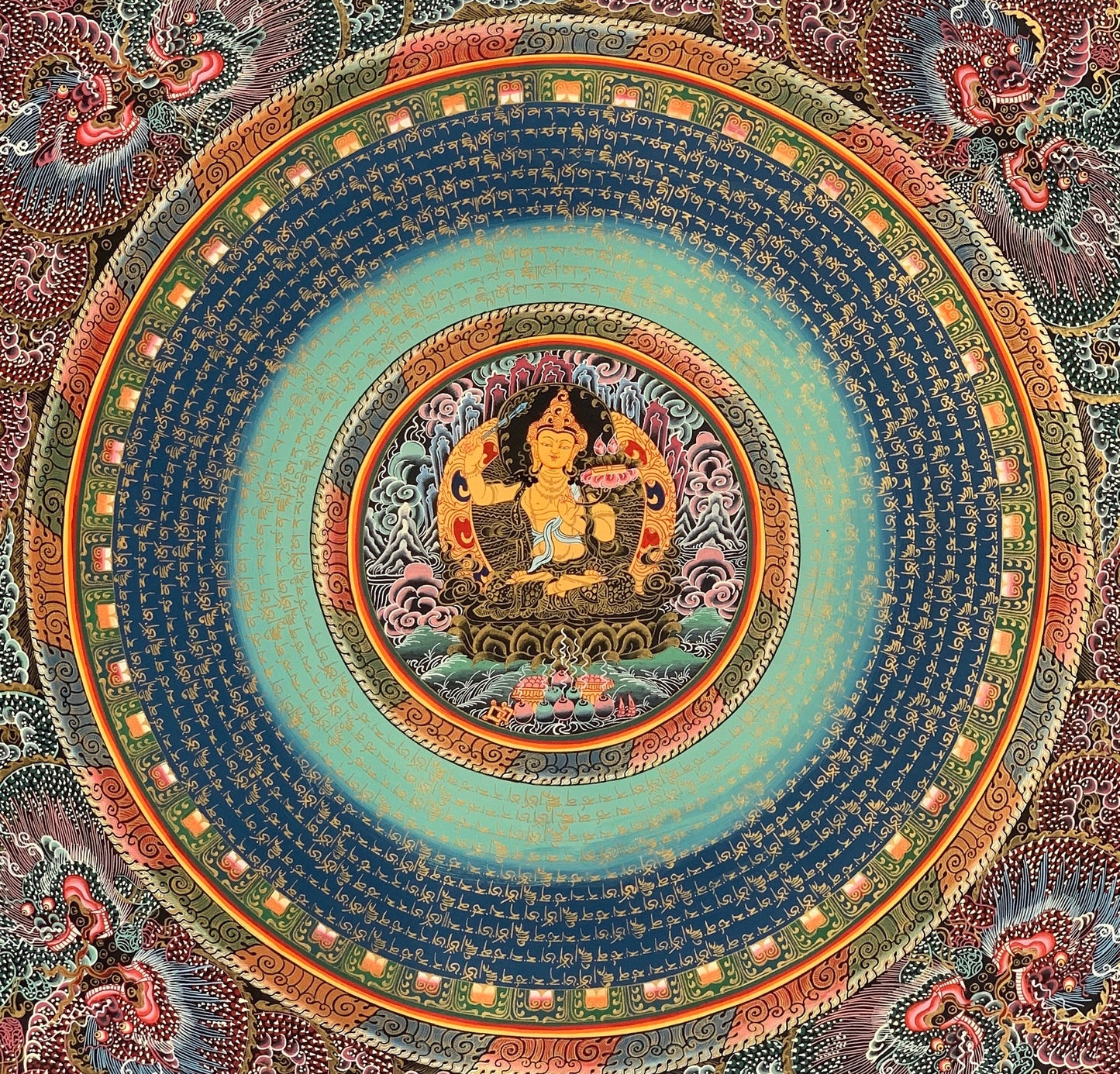 Original Hand-painted God Figure OM Mani Padme Hum Mantra Mandala Tibetan Thangka Painting/Meditation Art