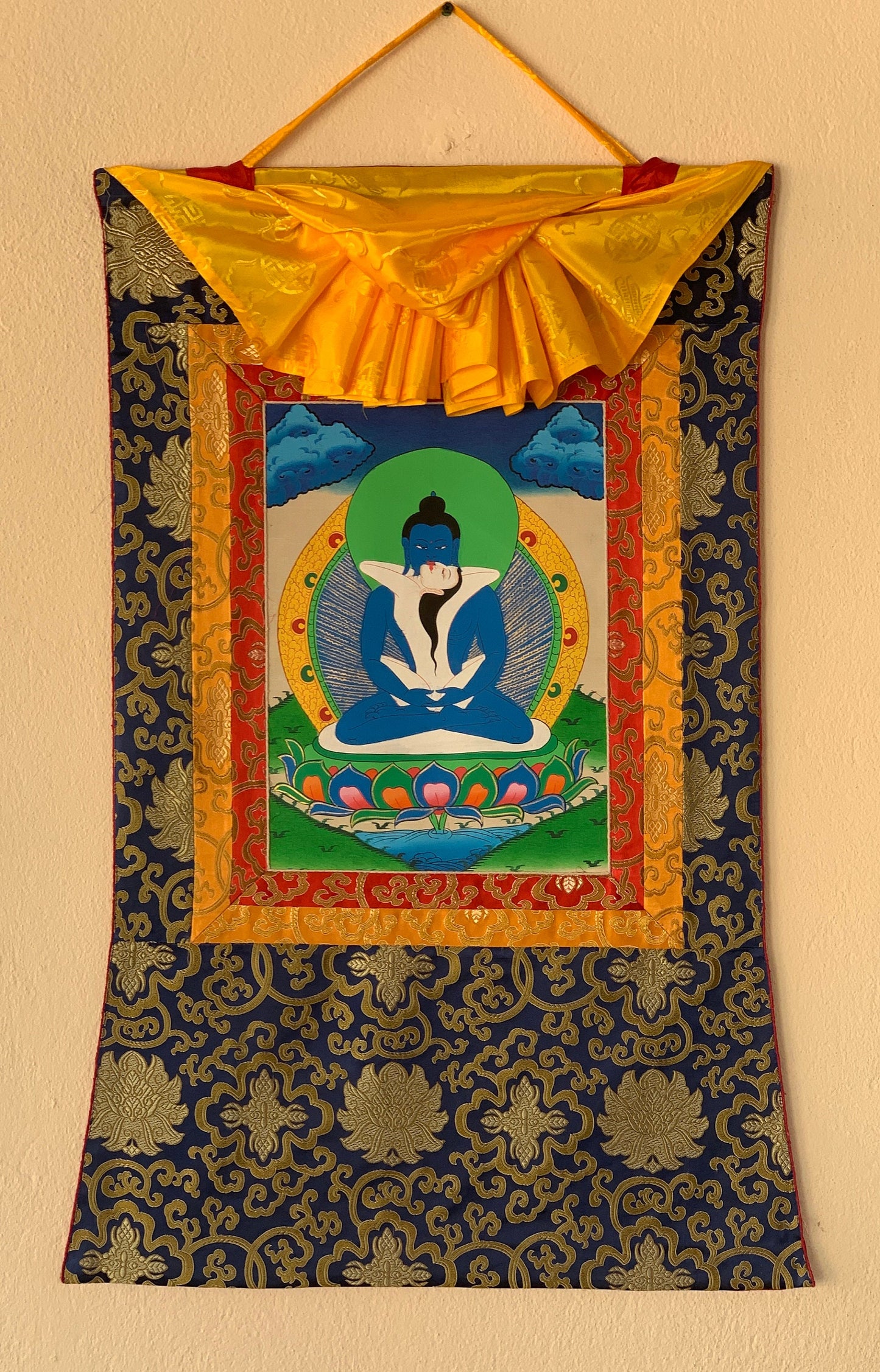 Original Hand-painted Samantabhadra/ Buddha Shakti Tibetan Thangka Painting With Silk Brocade