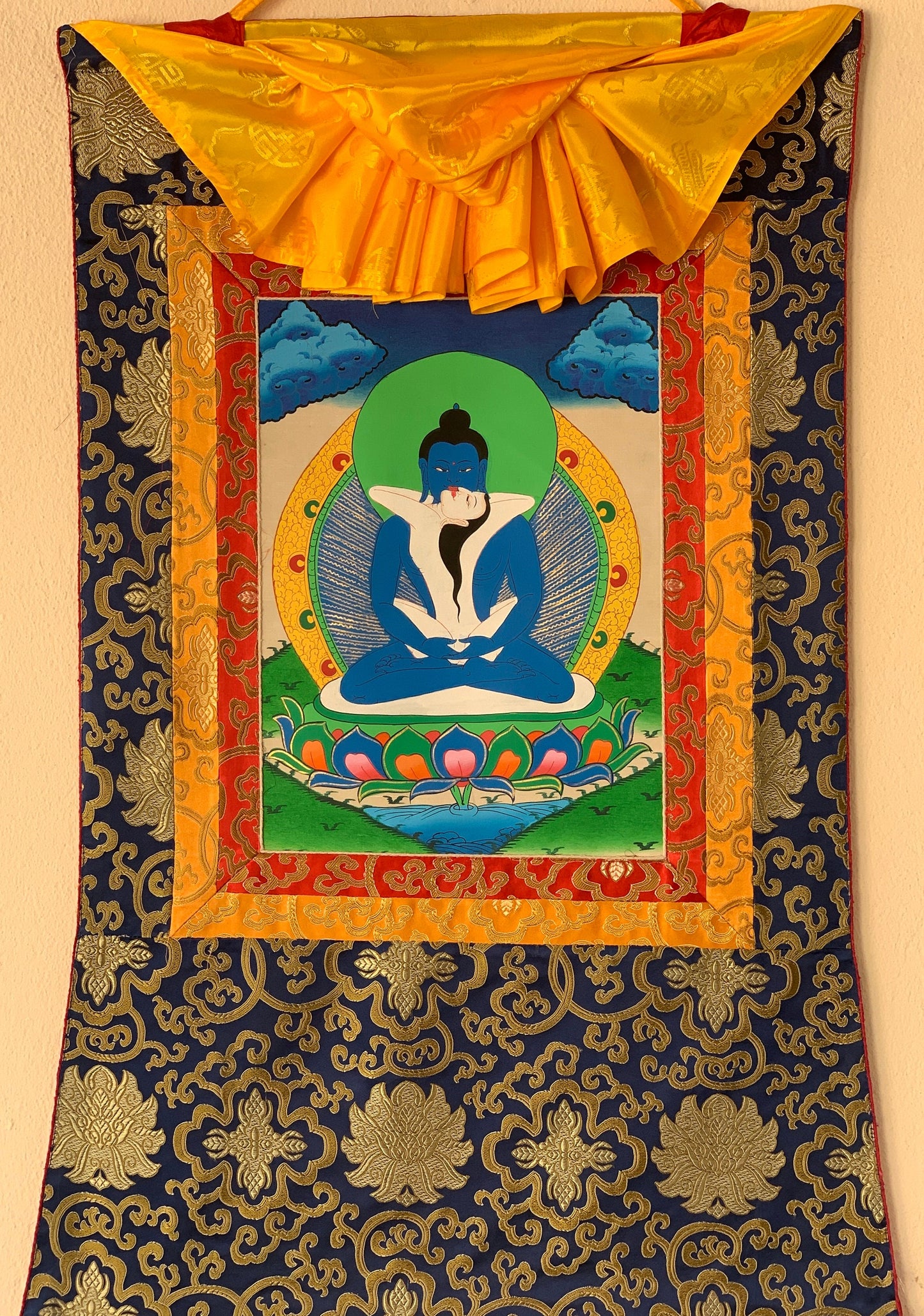 Original Hand-painted Samantabhadra/ Buddha Shakti Tibetan Thangka Painting With Silk Brocade