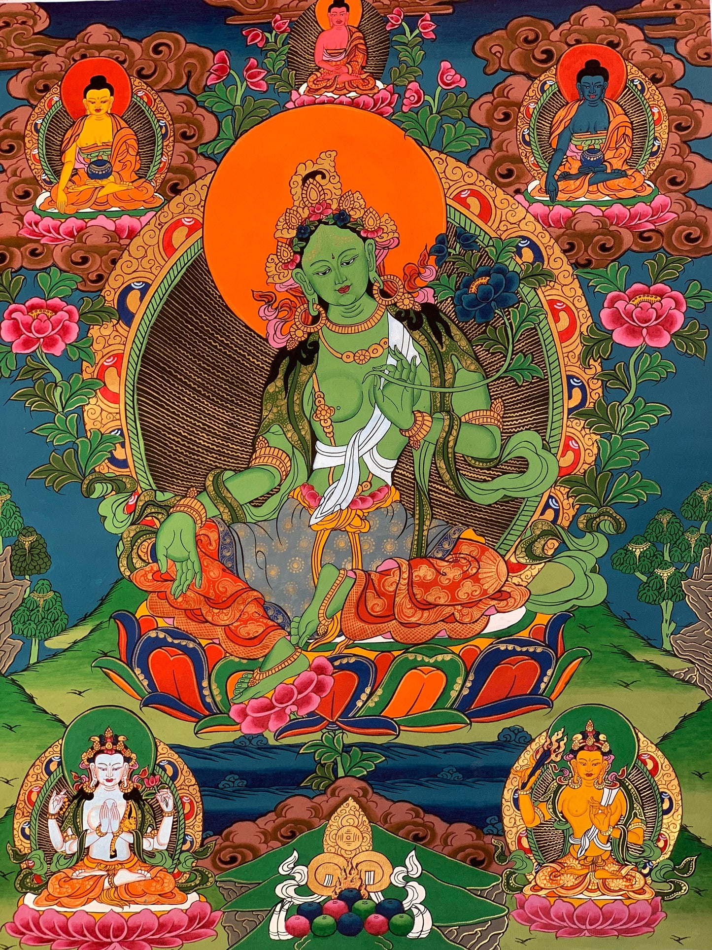 Original Hand-painted Green Tara Shyamatara Mother Goddess Tibetan Thangka Painting -  Good Fortune Prosperity