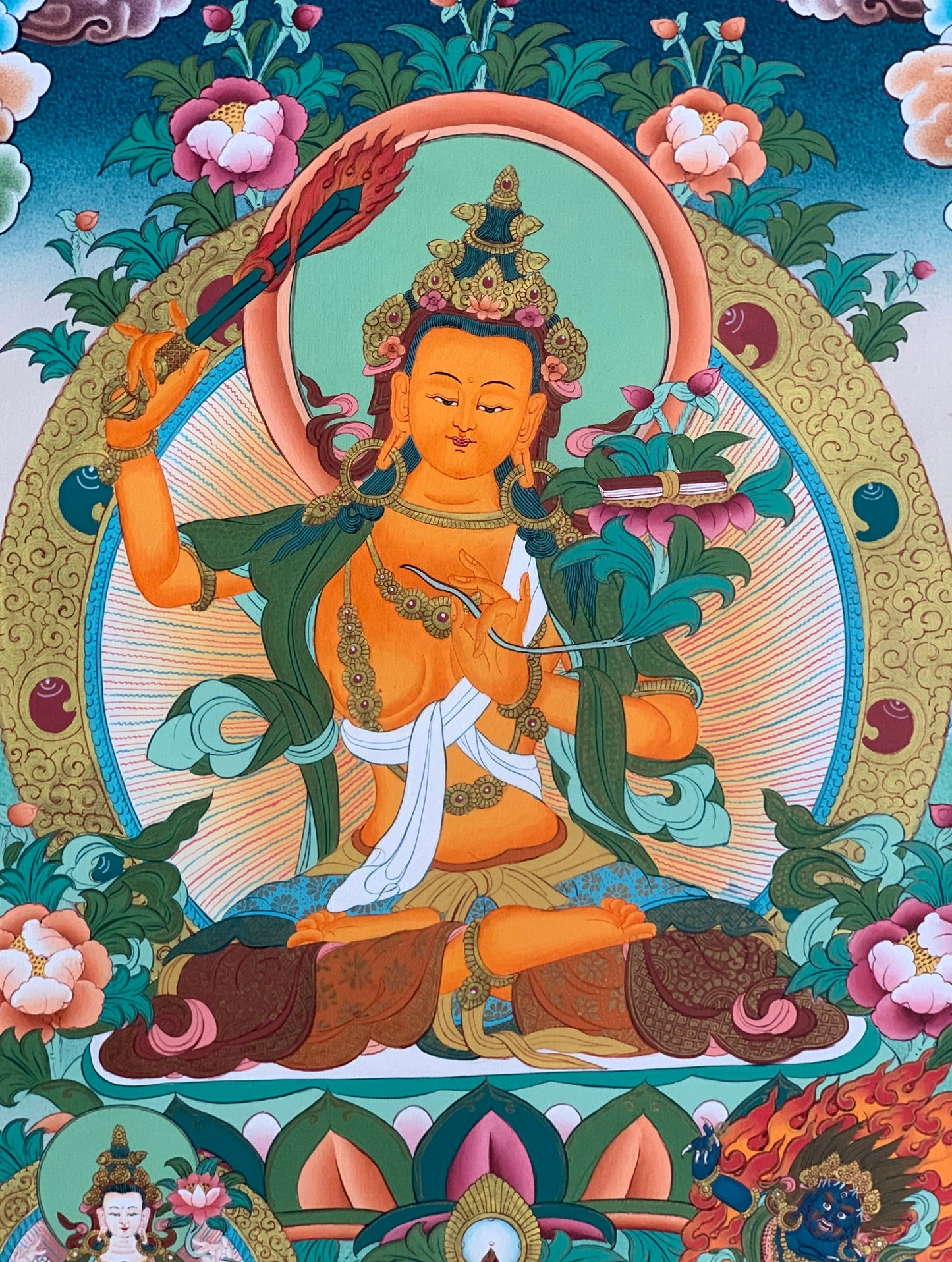 Hand-painted, Manjushri, Jampalyang, God of Divine wisdom, Master Quality, Thangka Painting