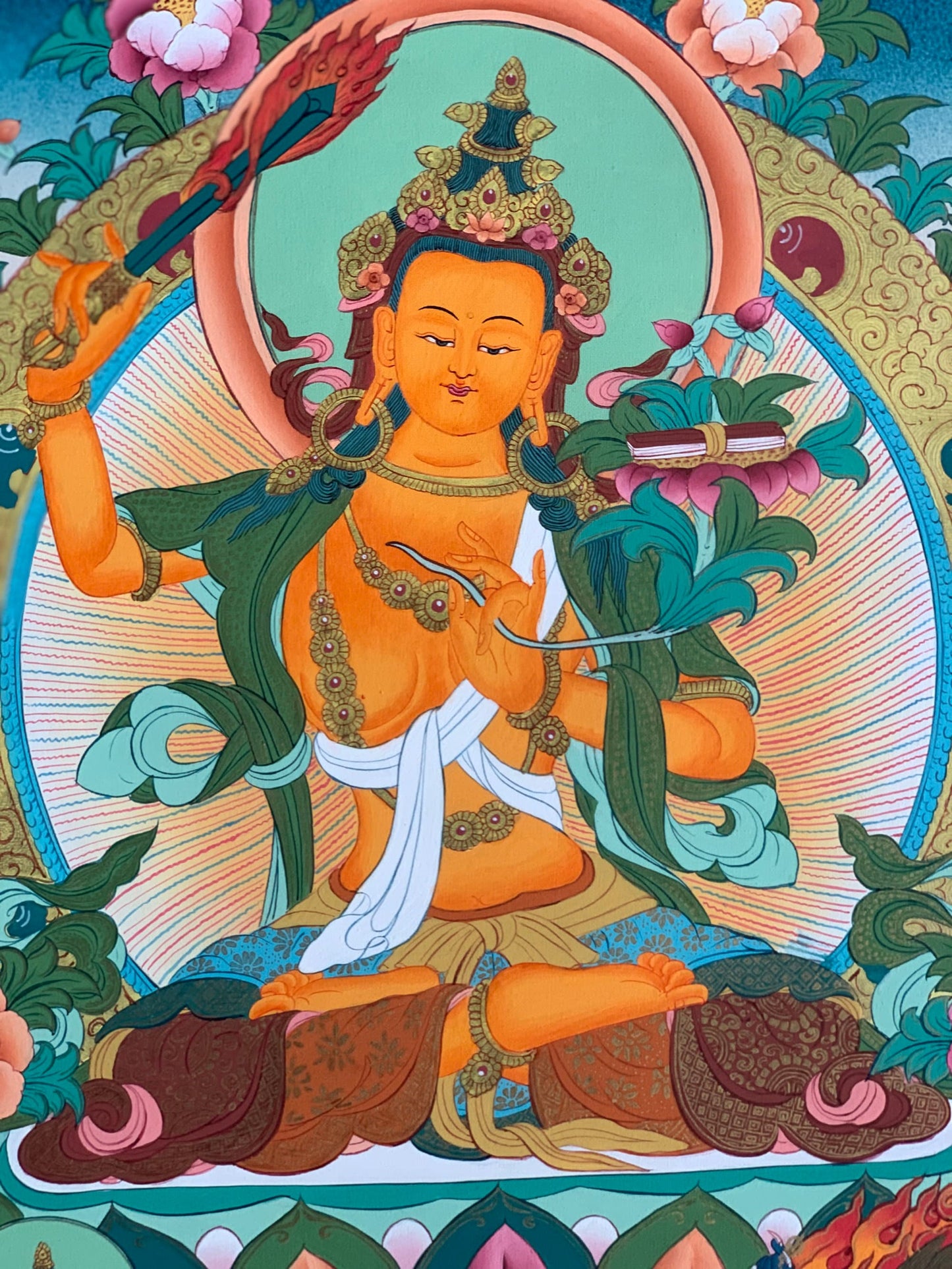 Hand-painted, Manjushri, Jampalyang, God of Divine wisdom, Master Quality, Thangka Painting