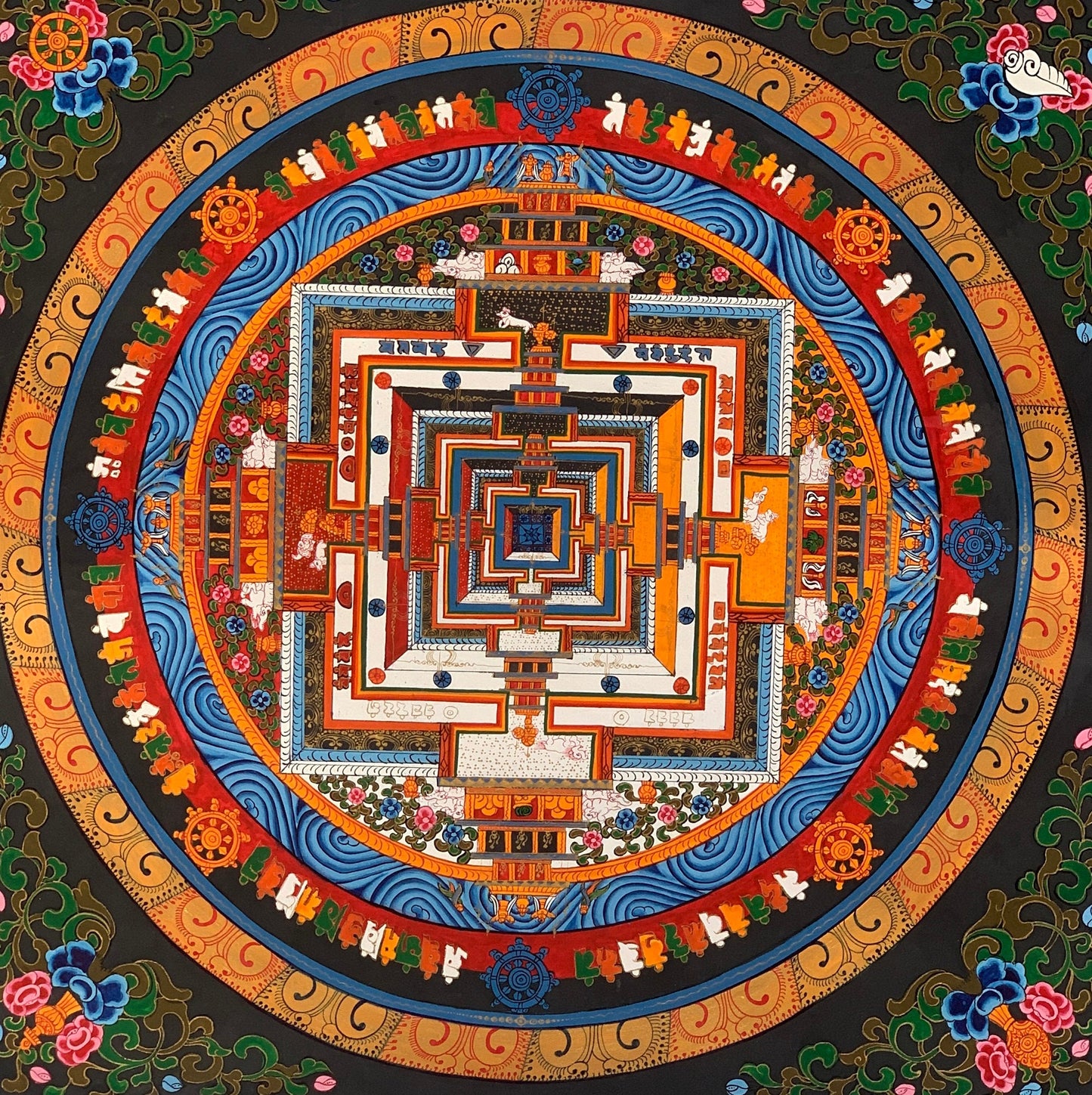 Hand-painted Kalachakra Mandala Tibetan Thangka Painting, Art, Floral Border Theme 20"x 20"