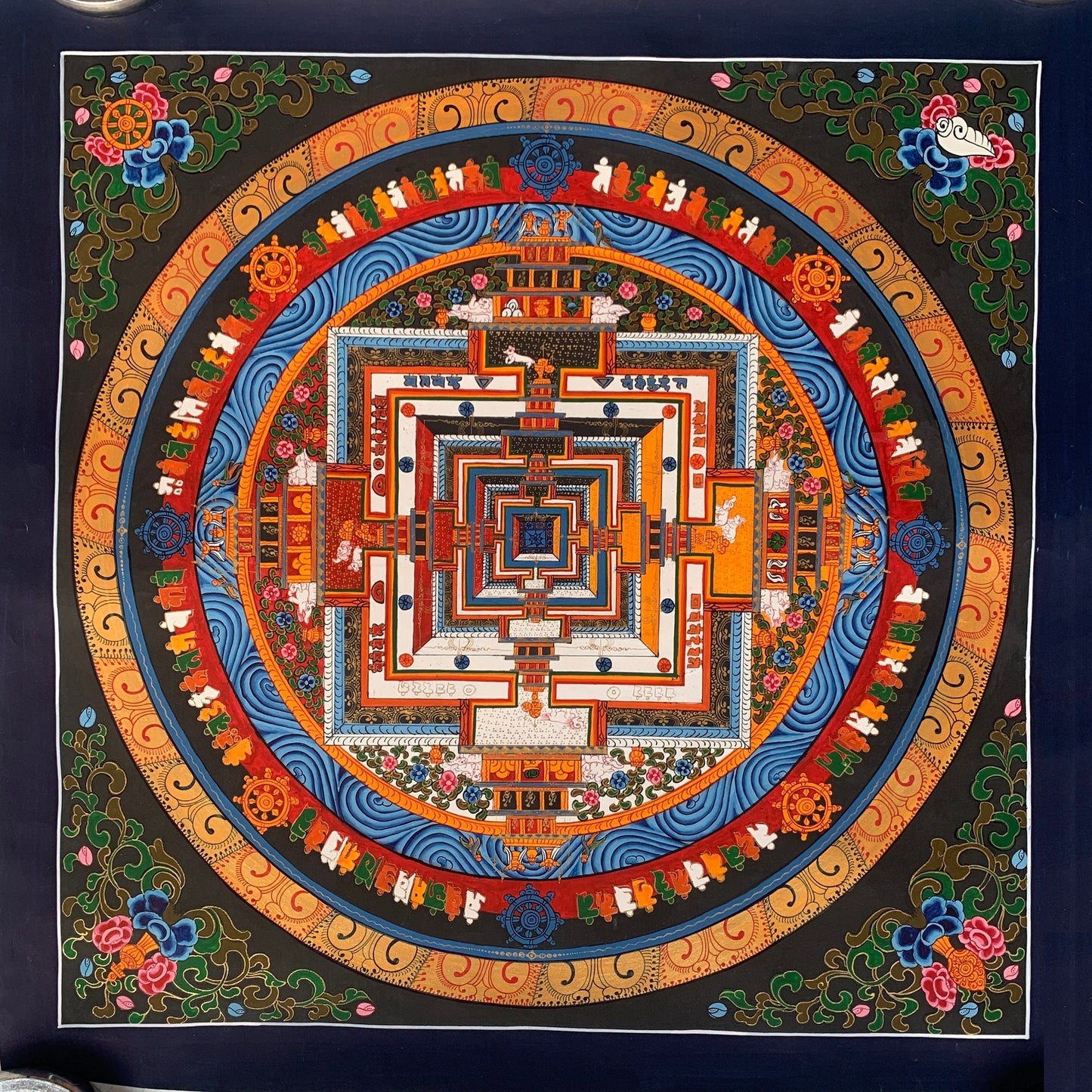 Hand-painted Kalachakra Mandala Tibetan Thangka Painting, Art, Floral Border Theme 20"x 20"