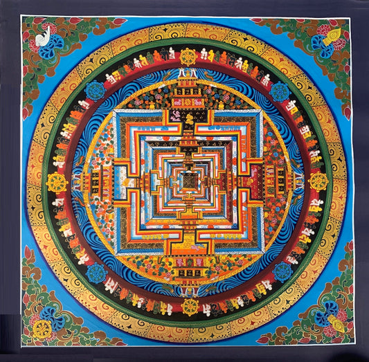 Hand-painted Kalachakra Mandala Tibetan Thangka Painting, Art, Floral Border Theme 20"x 20"