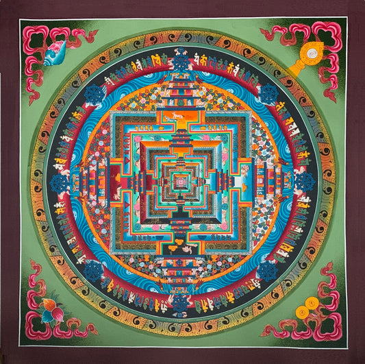 Original Hand-Painted Master Quality Green Kalachakra Mandala/ Wheel of Time Tibetan Thangka Painting/Meditation Art