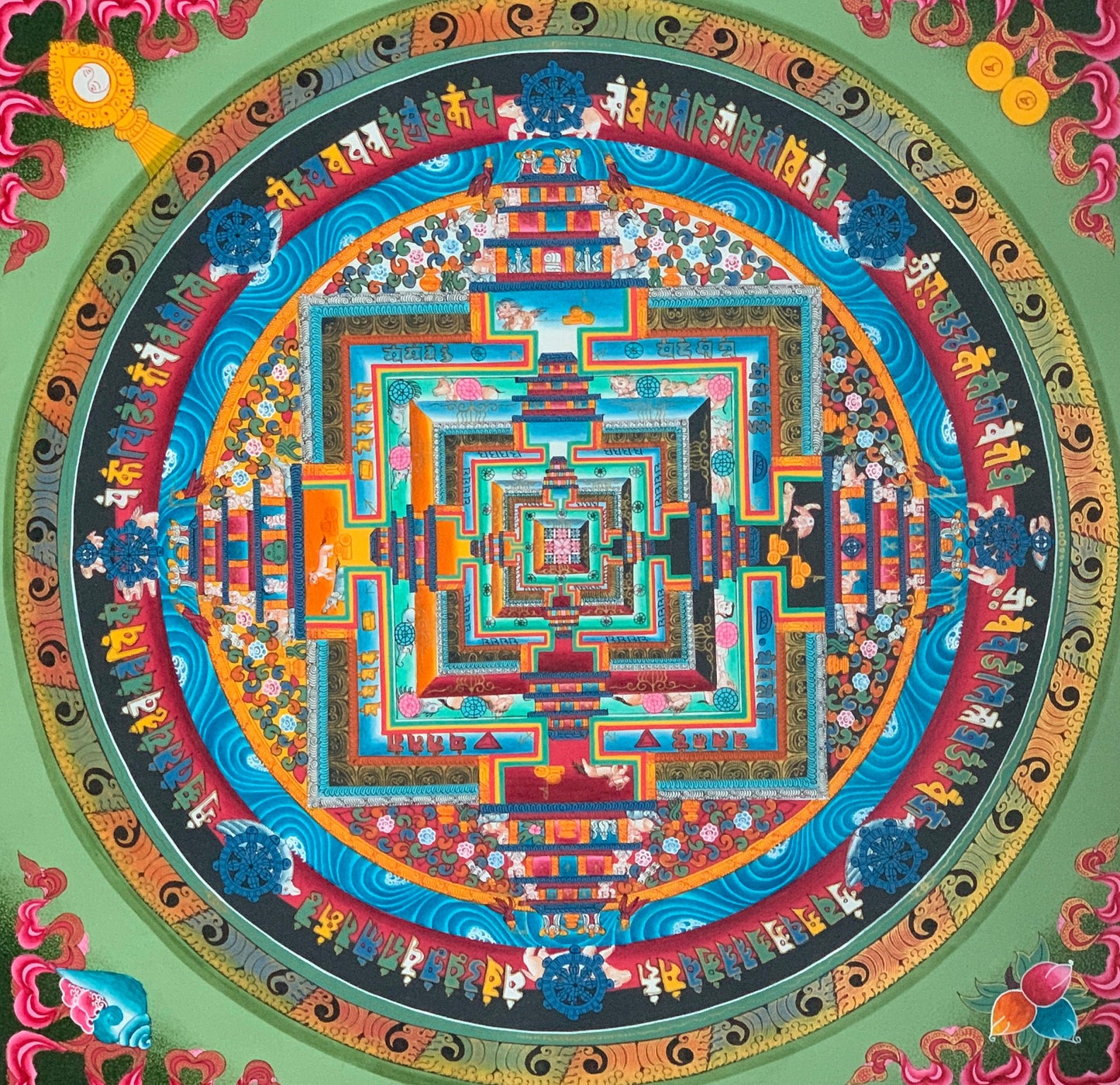 Original Hand-Painted Master Quality Green Kalachakra Mandala/ Wheel of Time Tibetan Thangka Painting/Meditation Art