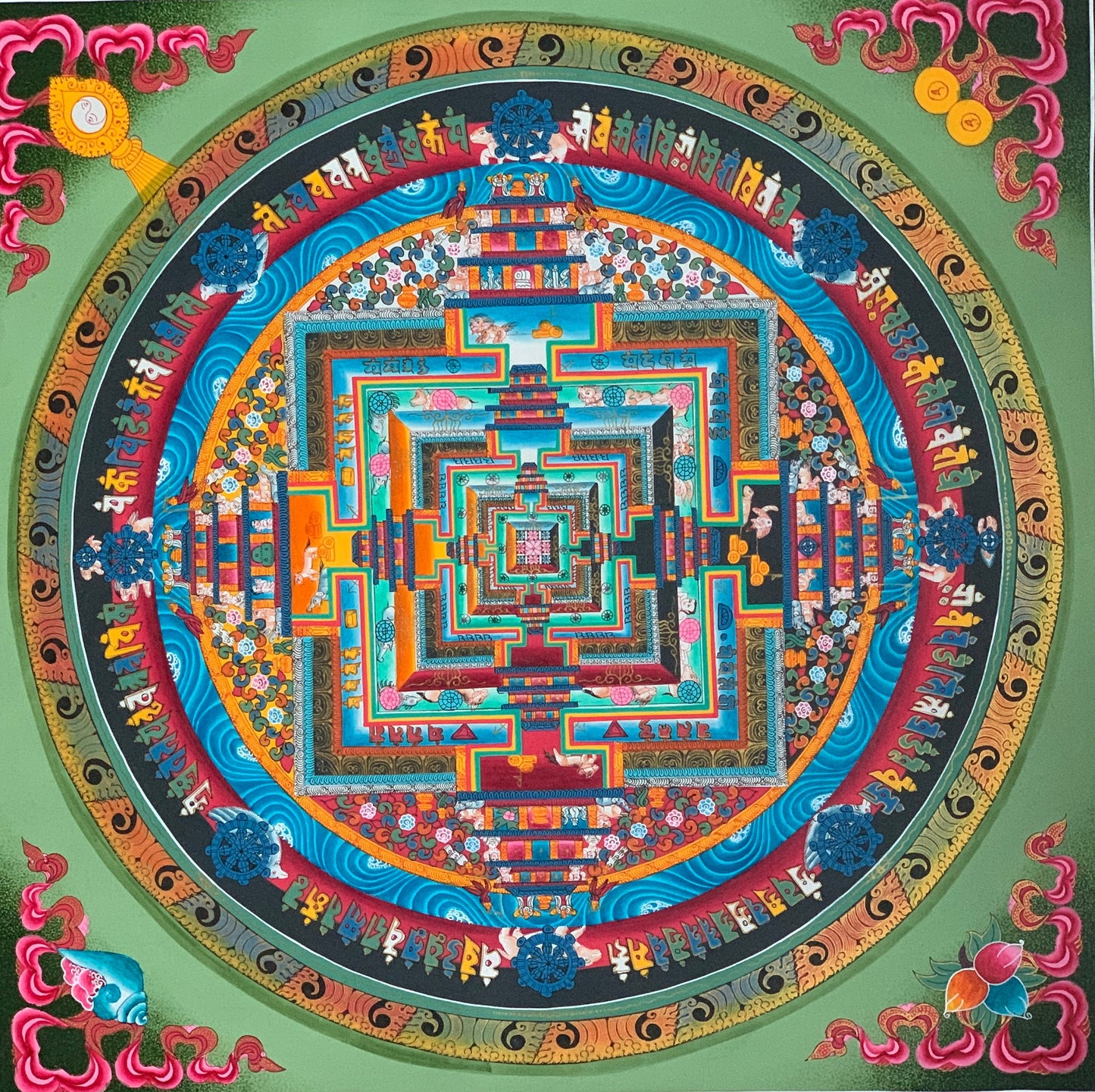 Original Hand-Painted Master Quality Green Kalachakra Mandala/ Wheel of Time Tibetan Thangka Painting/Meditation Art