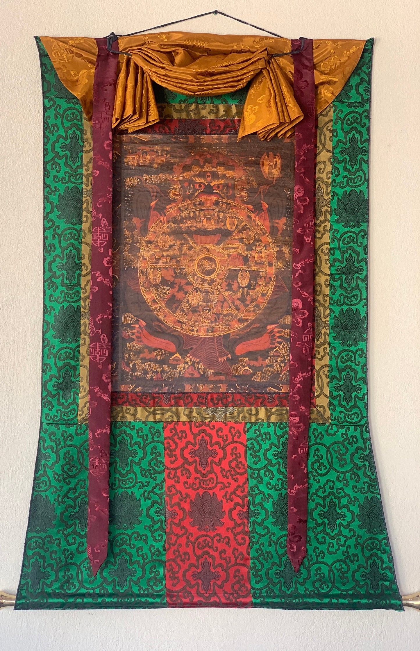 Hand-painted  Bhavachakra, Wheel of Life Mandala,  Oil Varnished Thangka, Painting, with Silk Brocade