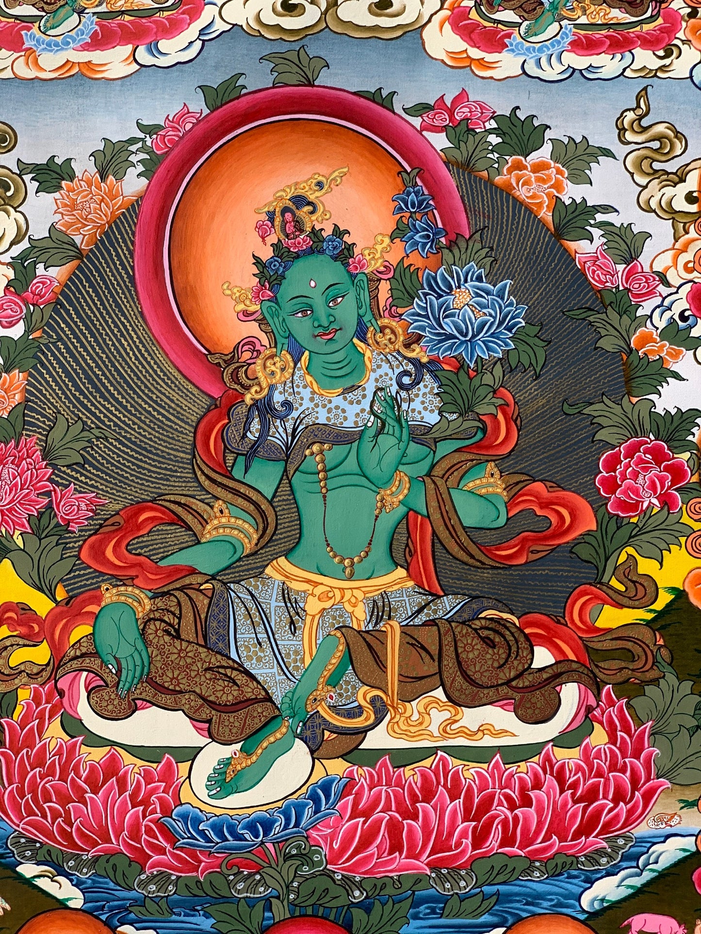 Original Hand-painted Master Quality Masterpiece 21 Green Tara Shyamatara 24K Gold Tibetan Thangka Painting  18 x 24-Inch