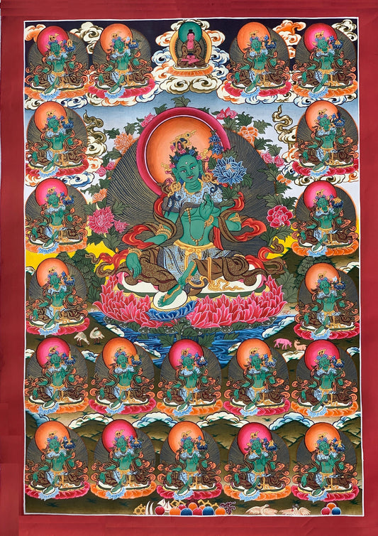 Original Hand-painted Master Quality Masterpiece 21 Green Tara Shyamatara 24K Gold Tibetan Thangka Painting  18 x 24-Inch