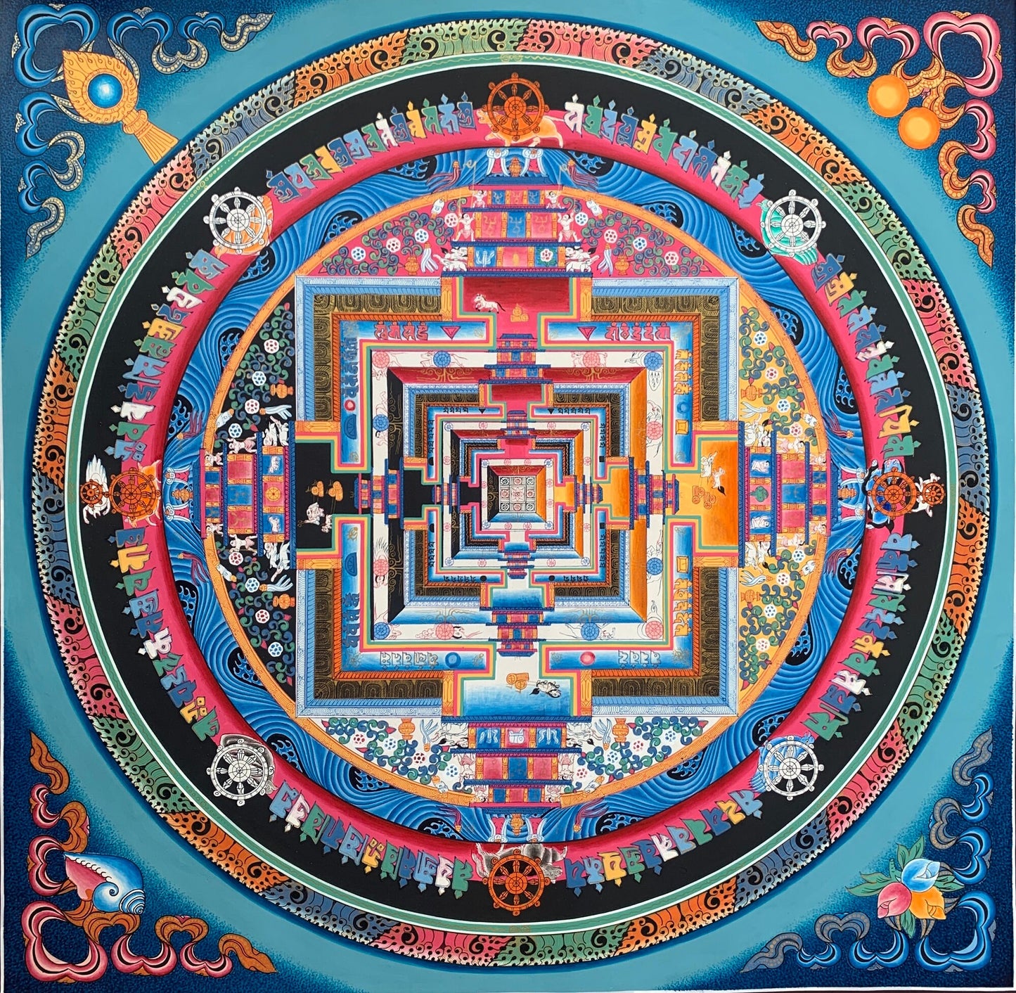 Original Hand-painted Kalachakra Mandala wheel of Life Tibetan Thangka Painting  20 x 20-Inch