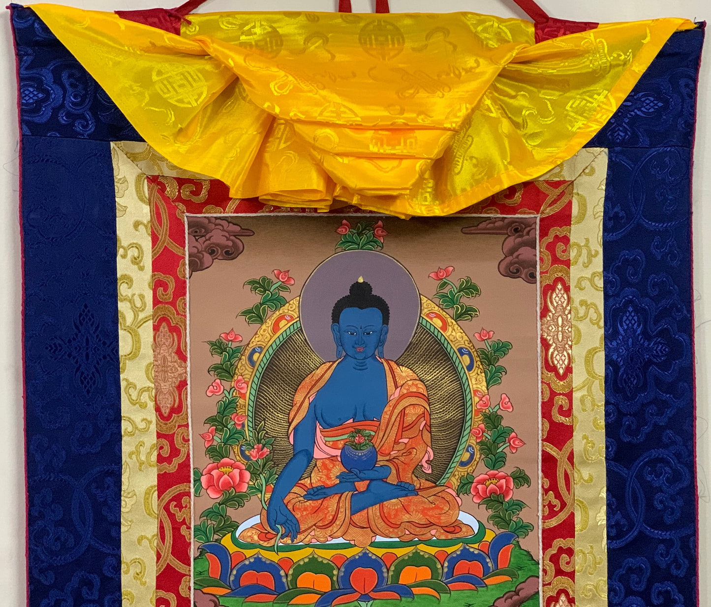 Hand-painted Medicine Buddha, Medicine Guru, Original Thangka, Thanka,  Painting, Tibetan Wall Hanging, Meditation Art, with Silk Brocade