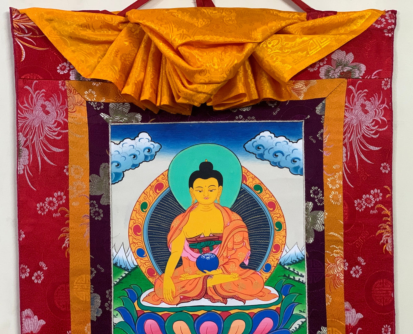 Original Hand-painted  Shakyamuni Buddha/ Siddhartha Gautama  Tibetan Thangka Painting with Silk Brocade