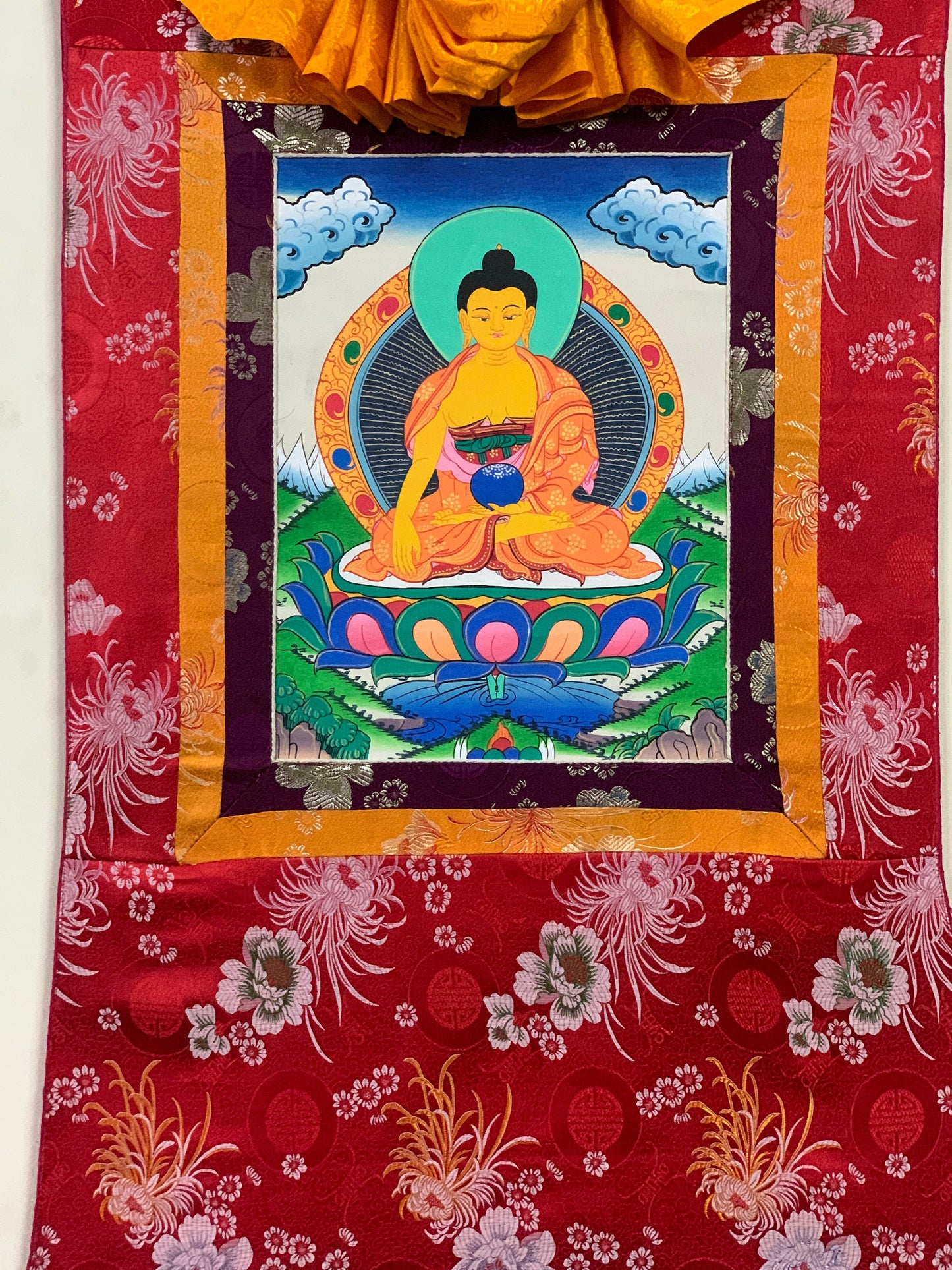 Original Hand-painted  Shakyamuni Buddha/ Siddhartha Gautama  Tibetan Thangka Painting with Silk Brocade