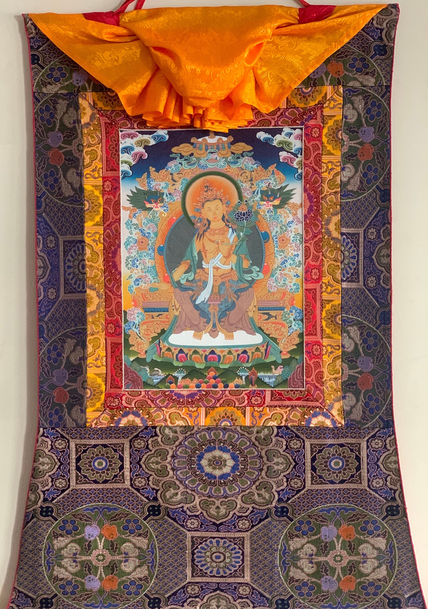 Original Hand-Painted Maitreya / Future Buddha Rare Masterpiece 24 K Gold Blessed Tibetan Thangka Painting with Premium Khadi Silk Brocade