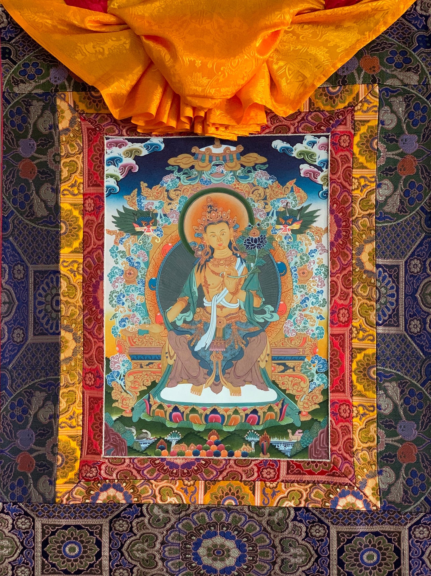 Original Hand-Painted Maitreya / Future Buddha Rare Masterpiece 24 K Gold Blessed Tibetan Thangka Painting with Premium Khadi Silk Brocade