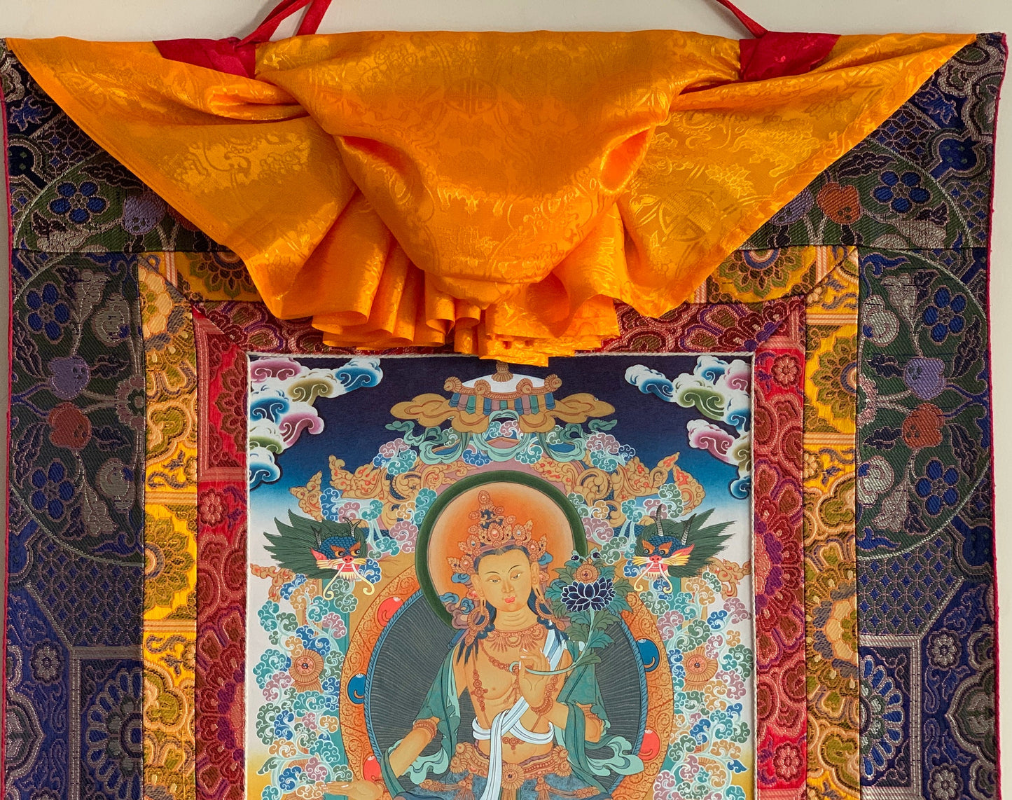 Original Hand-Painted Maitreya / Future Buddha Rare Masterpiece 24 K Gold Blessed Tibetan Thangka Painting with Premium Khadi Silk Brocade