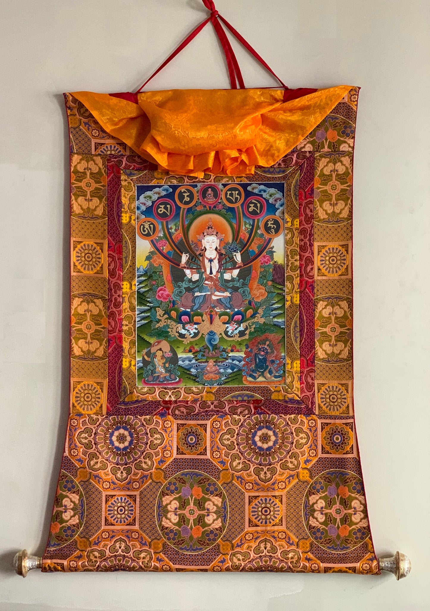 Hand-painted Avalokiteshvara, Chyangresi, Chenrezig, Rare, Masterpiece, 24 K Gold, Blessed Thangka  Painting with Premium Brocade