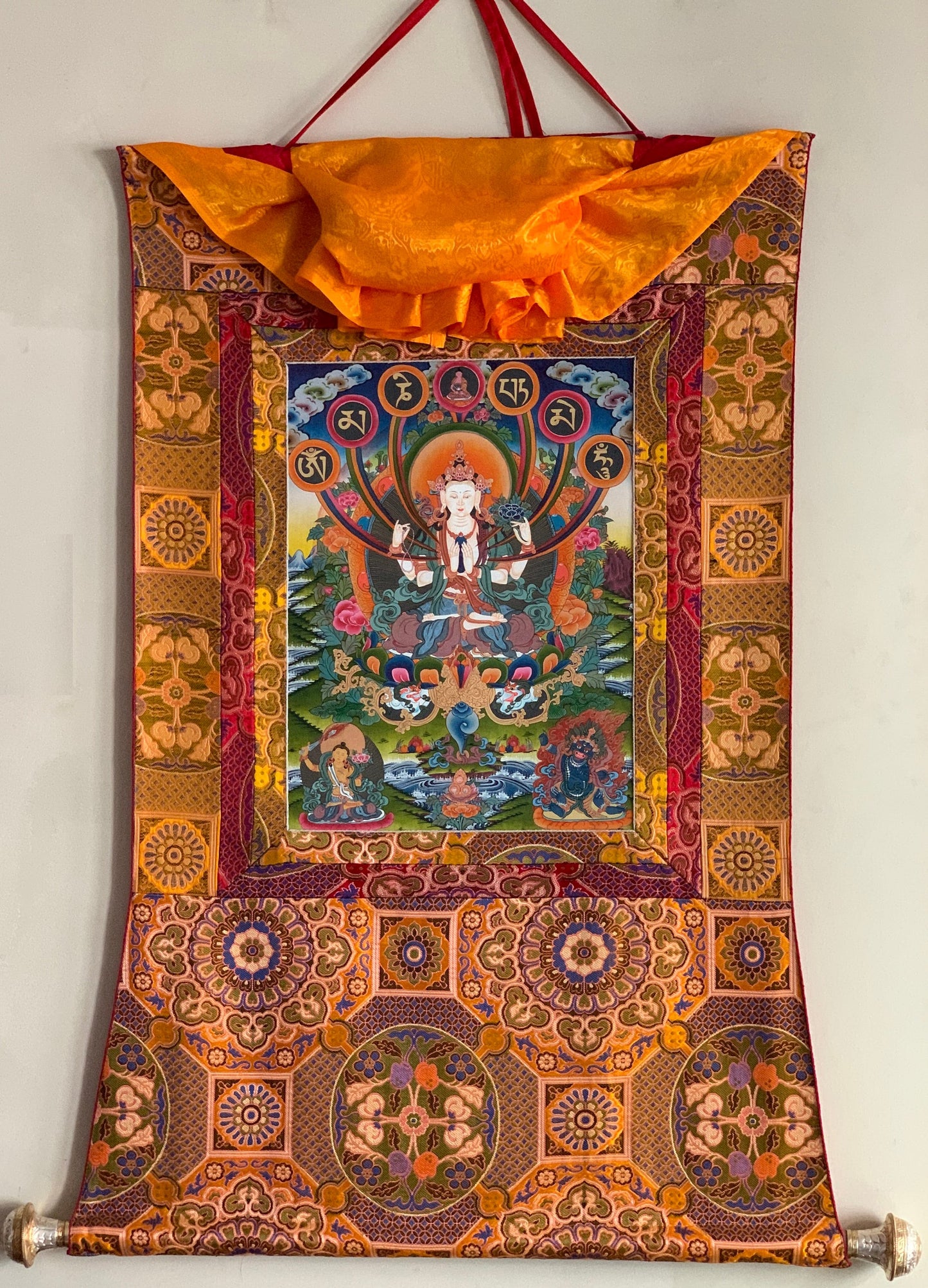 Hand-painted Avalokiteshvara, Chyangresi, Chenrezig, Rare, Masterpiece, 24 K Gold, Blessed Thangka  Painting with Premium Brocade