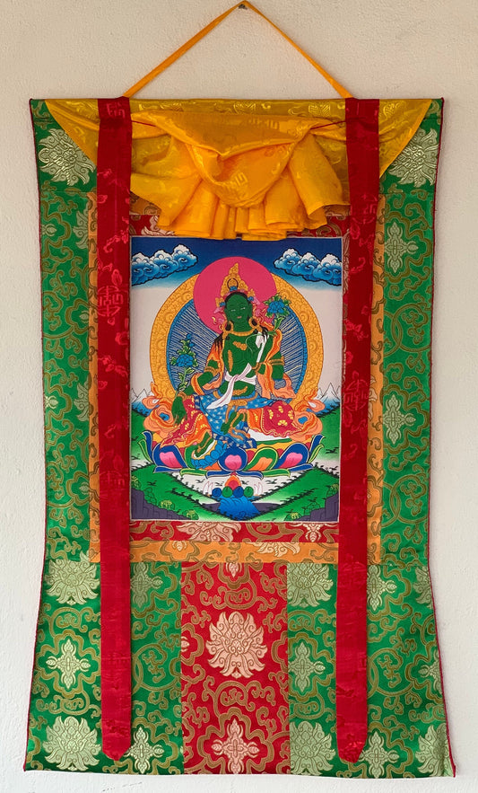 Original Hand-painted Green Tara/ Mothher Tara Tibetan Thangka Painting/Compassion Meditation Art with a Green Silk Brocade