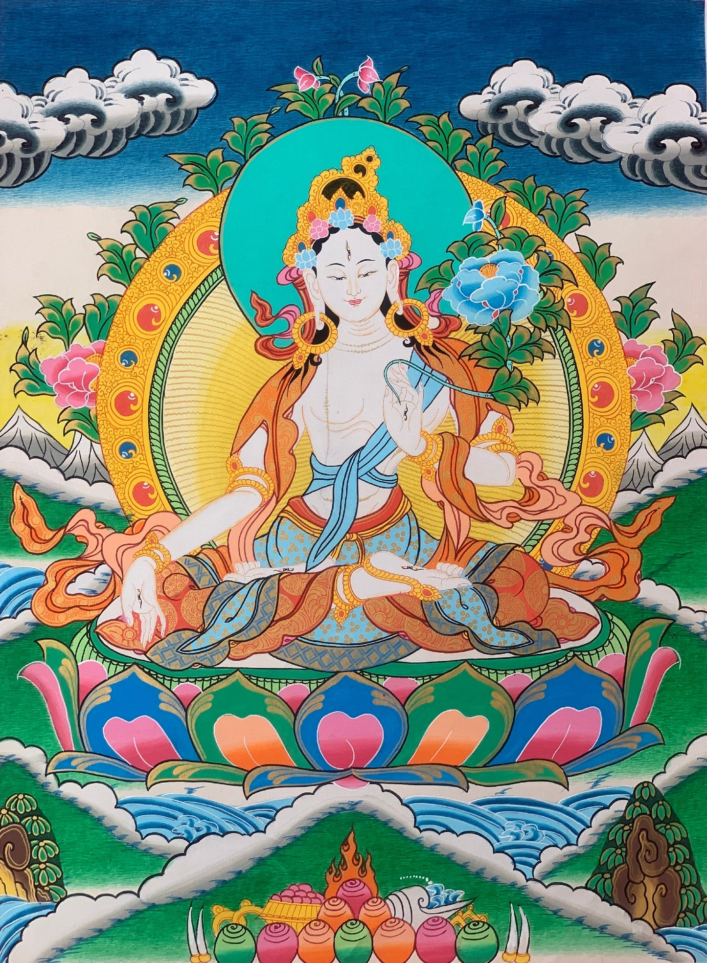 Hand-painted White Tara,  Mother Goddess, Healing and Compassion, Thangka Painting 16 x 22-Inch