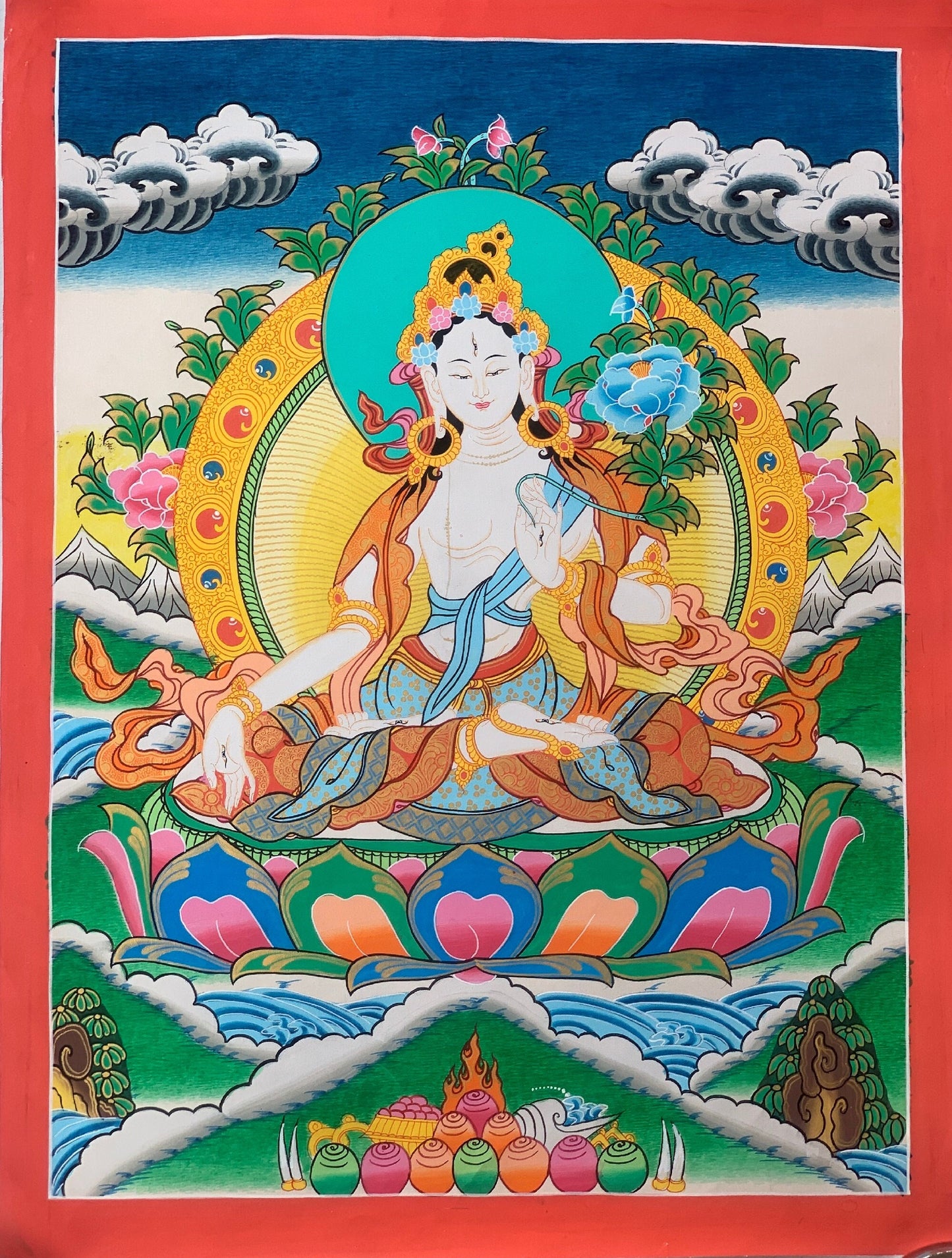 Hand-painted White Tara,  Mother Goddess, Healing and Compassion, Thangka Painting 16 x 22-Inch