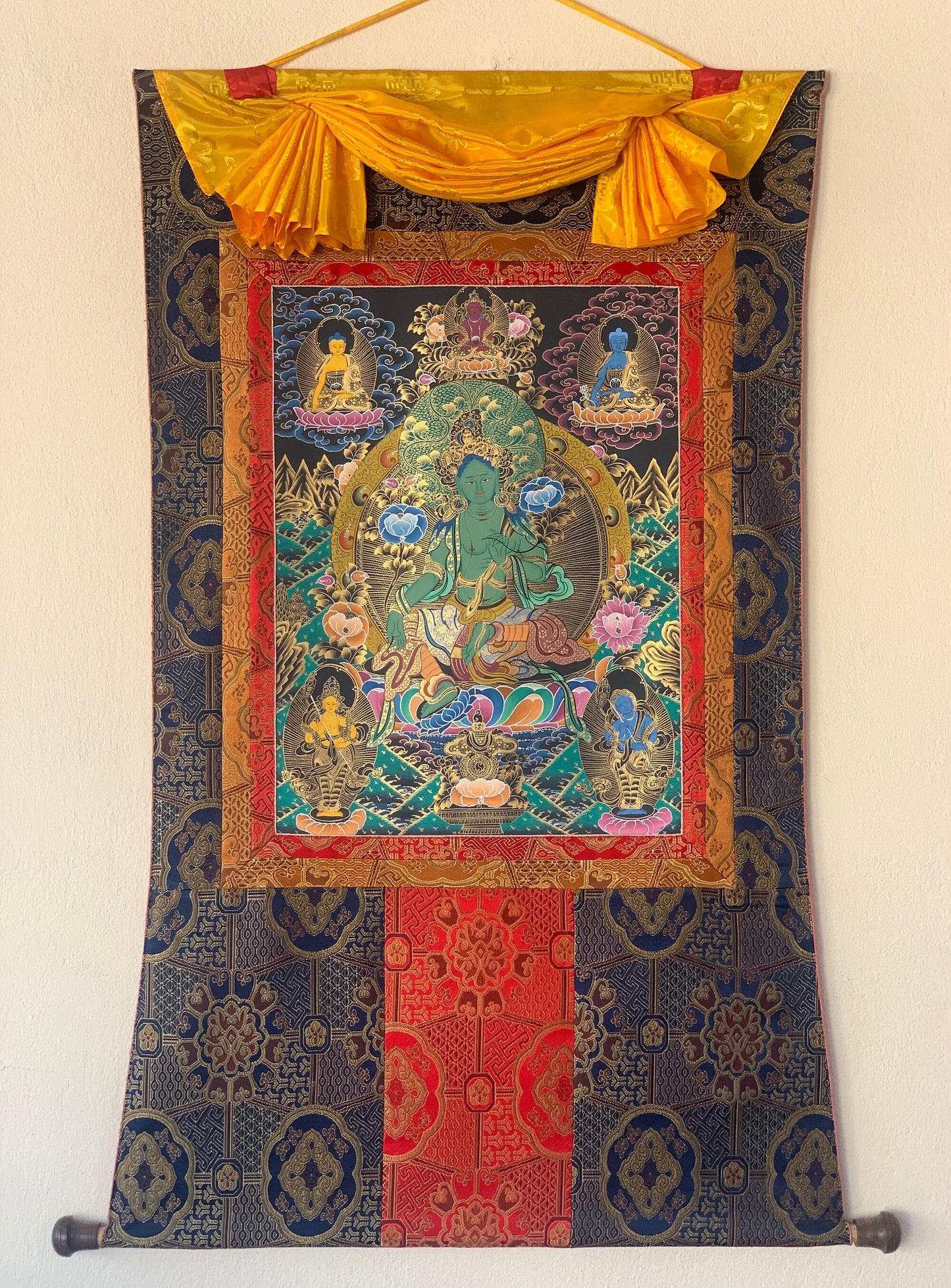 Hand-painted Green Tara, Shyamatara, fine-quality Thangka Painting with a Premium Silk Brocade