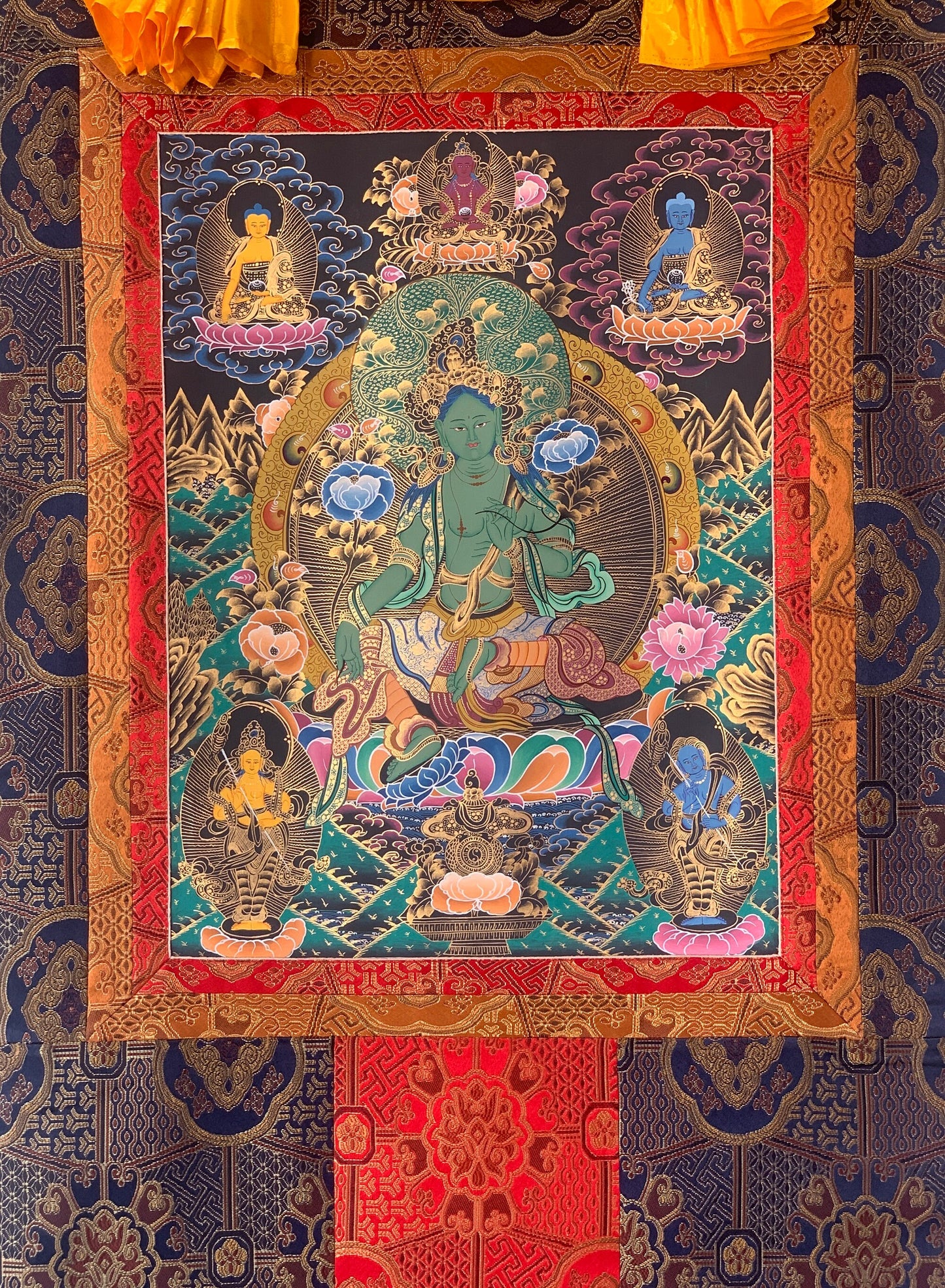 Hand-painted Green Tara, Shyamatara, fine-quality Thangka Painting with a Premium Silk Brocade