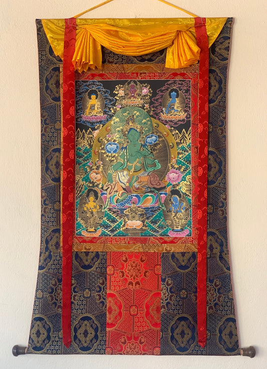 Hand-painted Green Tara, Shyamatara, fine-quality Thangka Painting with a Premium Silk Brocade