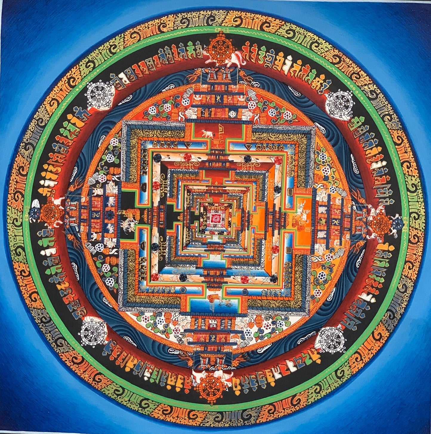 Original Hand-painted Kalachakra Mandala/Wheel of Time Tibetan Thangka Painting, Blue Background