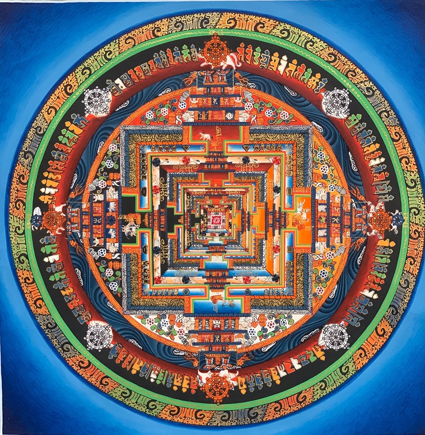 Original Hand-painted Kalachakra Mandala/Wheel of Time Tibetan Thangka Painting, Blue Background