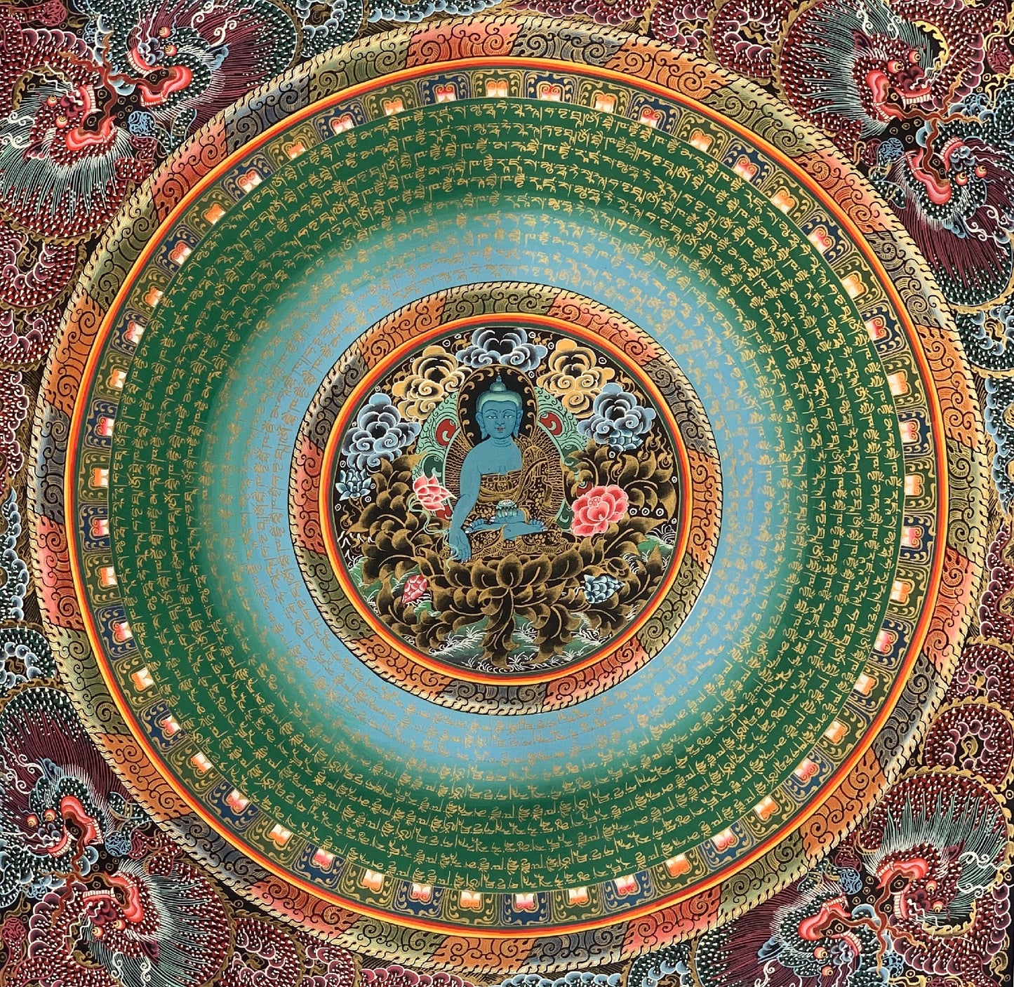 Original Hand-painted Om Mani Padme Hum God in Center Mantra Mandala Tibetan Meditation Thangka Painting